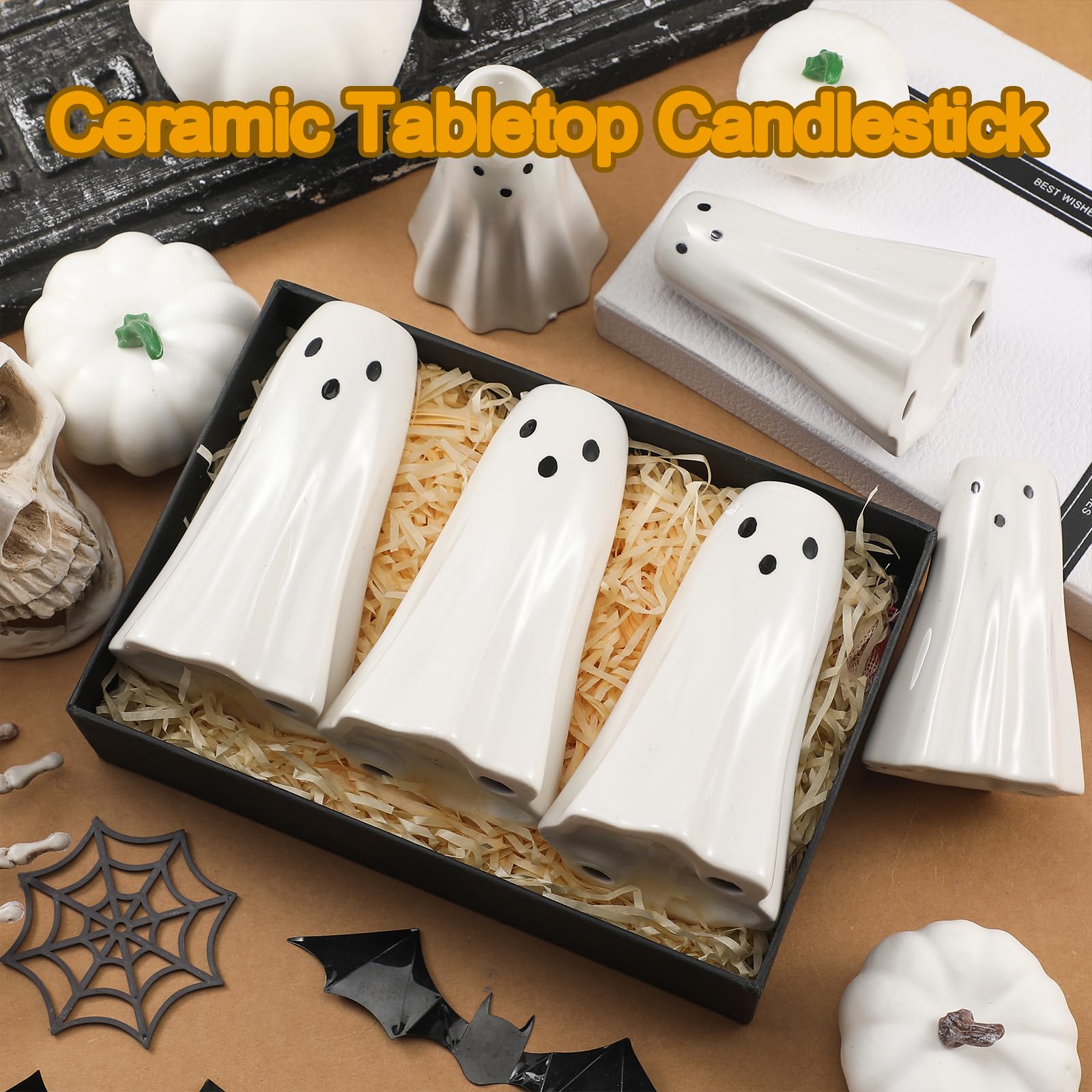 6 Pcs Halloween Ghost Candlestick Holders Ceramic