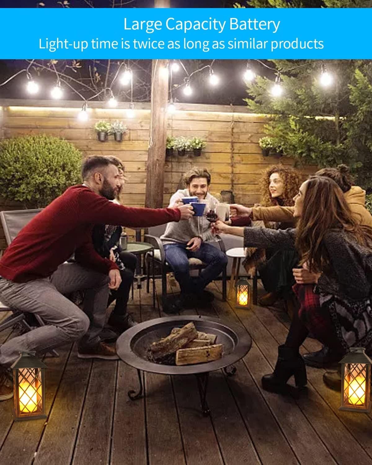 People gathered around a fire pit at night with lanterns, emphasizing a large capacity battery feature.