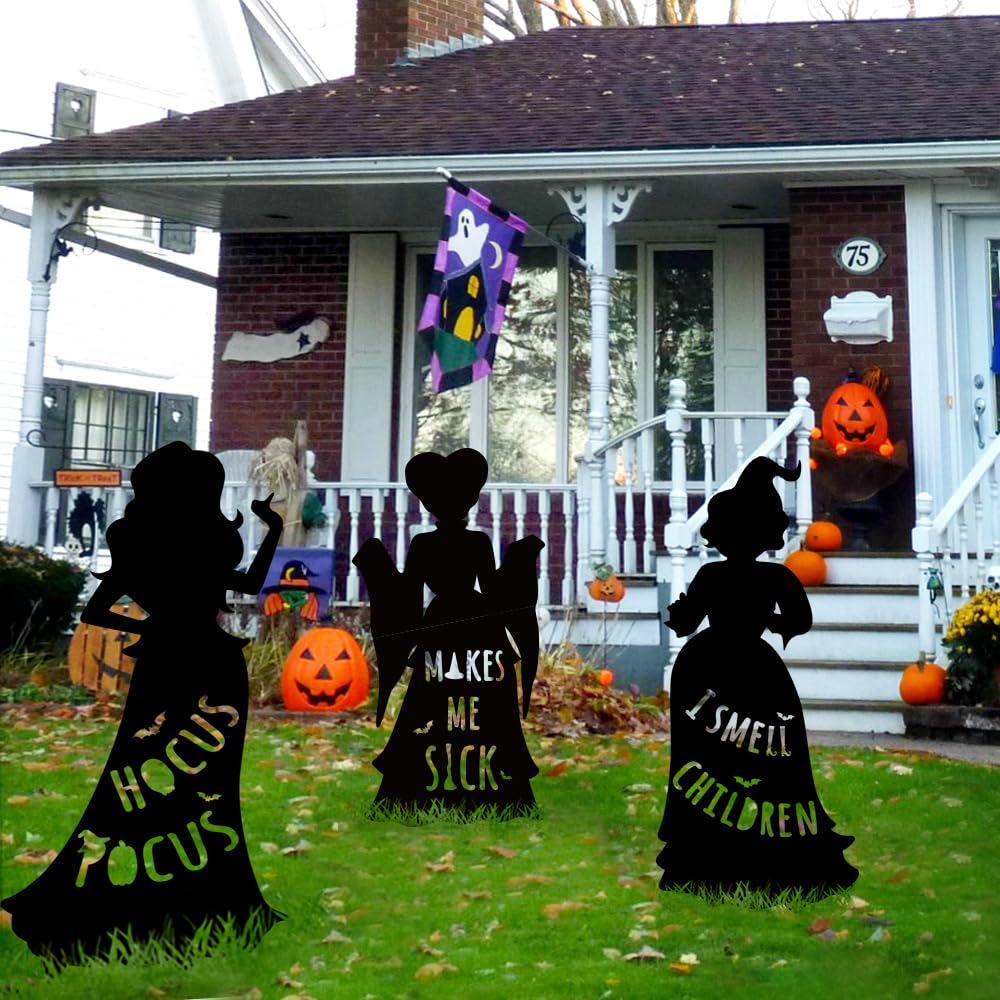 3 Extra Large Hocus Pocus Witch Halloween Silhouette Yard Signs with Stakes