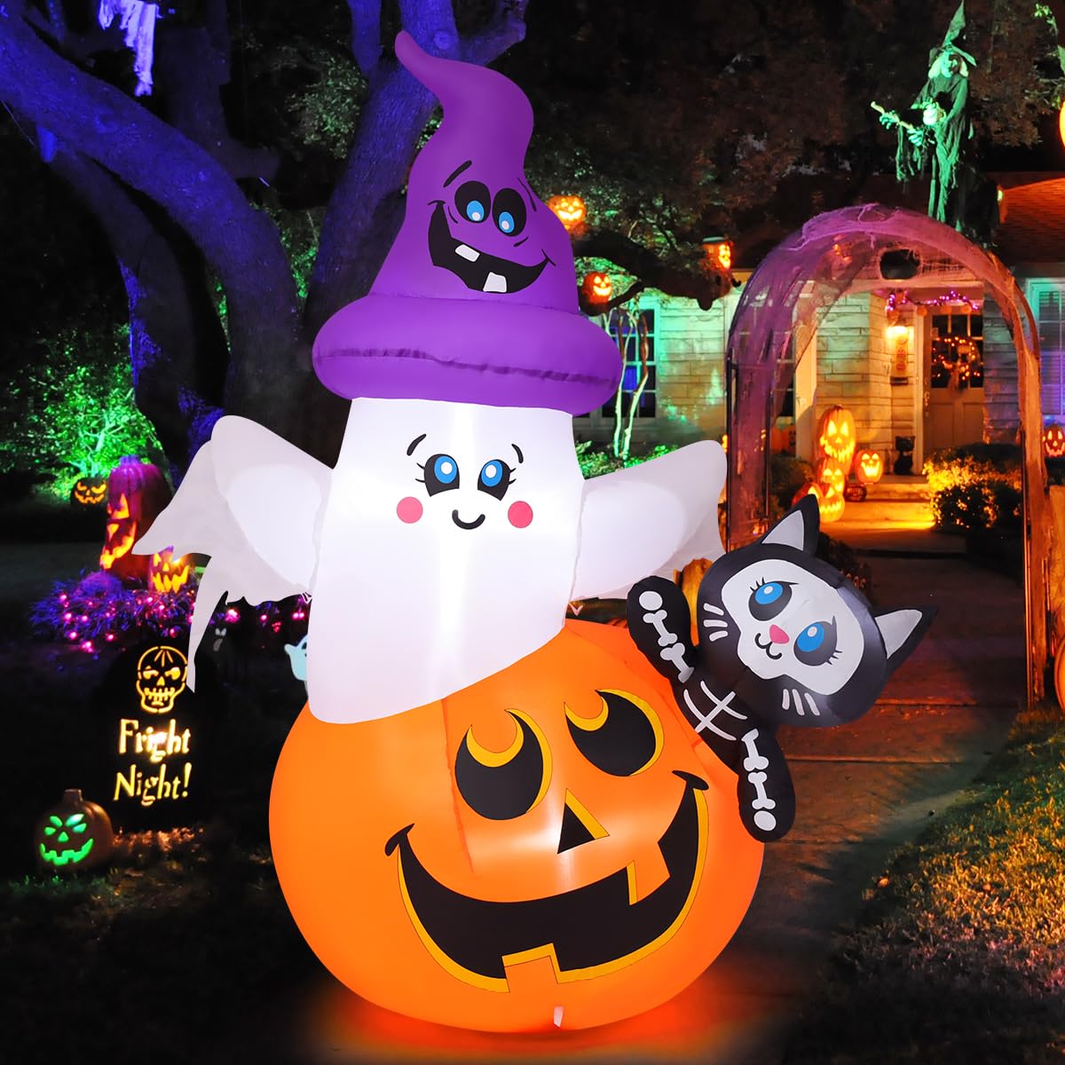 5 FT Pumpkin Ghost Cat Outdoor Halloween Inflatable with Built-in LEDs