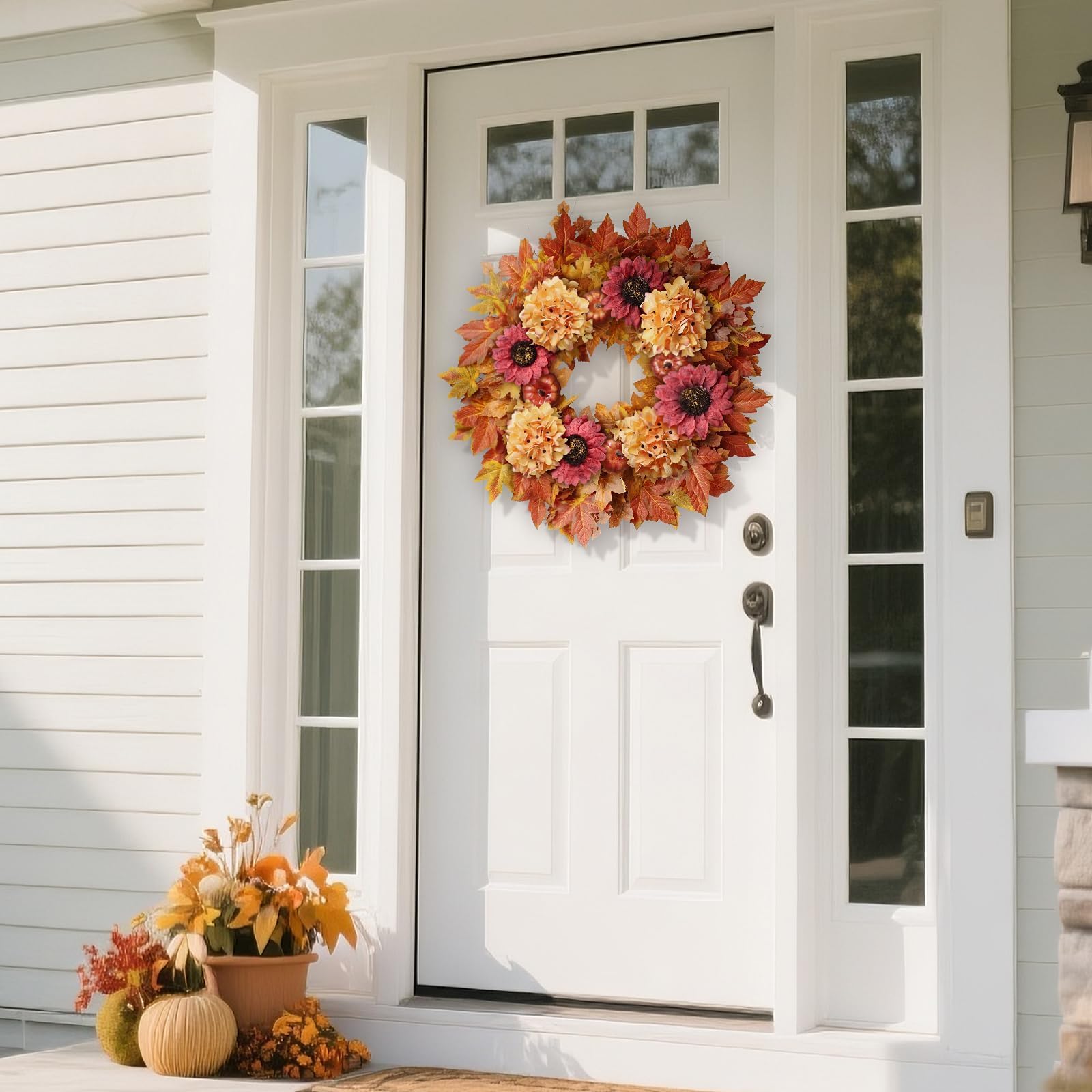 28'' Large Fall Wreath with Artificial Maple Leaves & Faux Sunflower Indoor/Outdoor