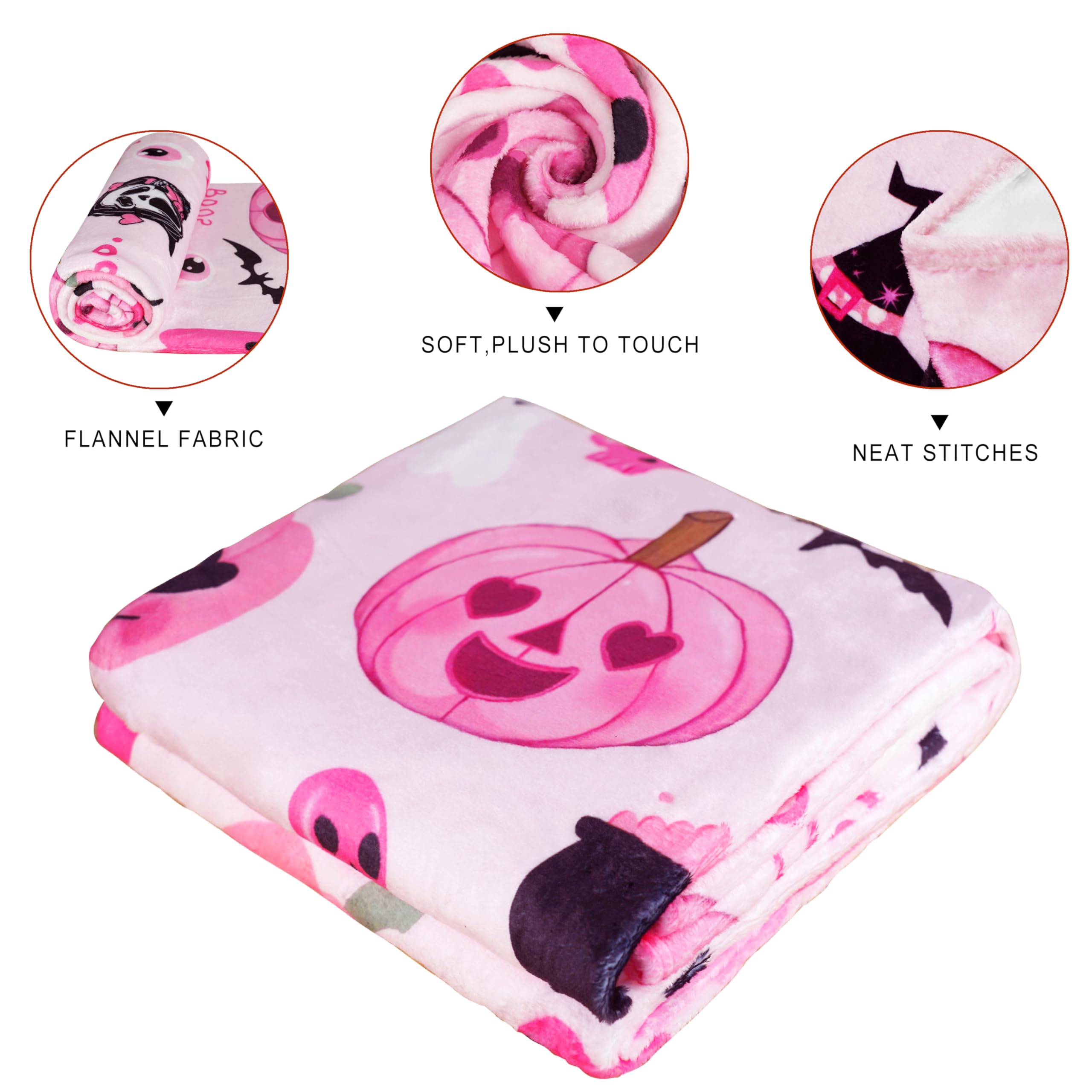 Pink pumpkin-themed blanket with flannel fabric, soft plush texture, and neat stitches on a white background.