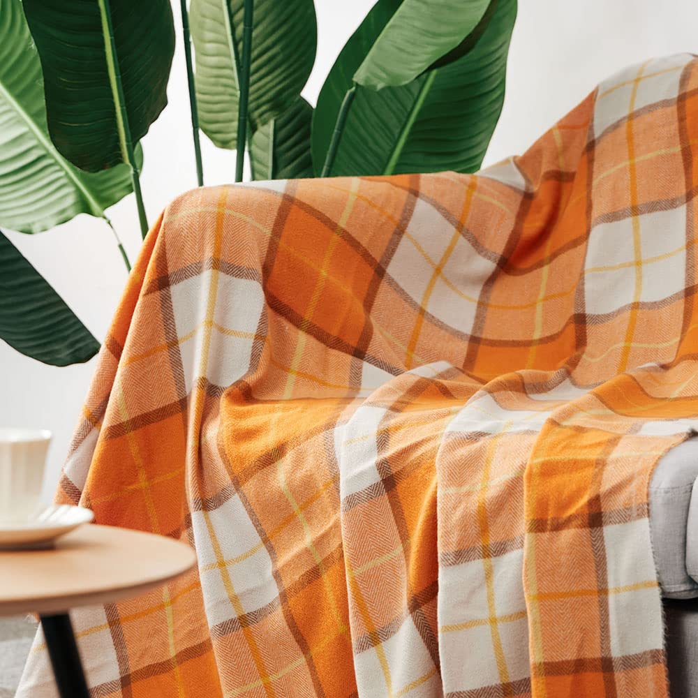 Decorative Faux Cashmere Throw Blanket - Classic Orange Plaid Fringe