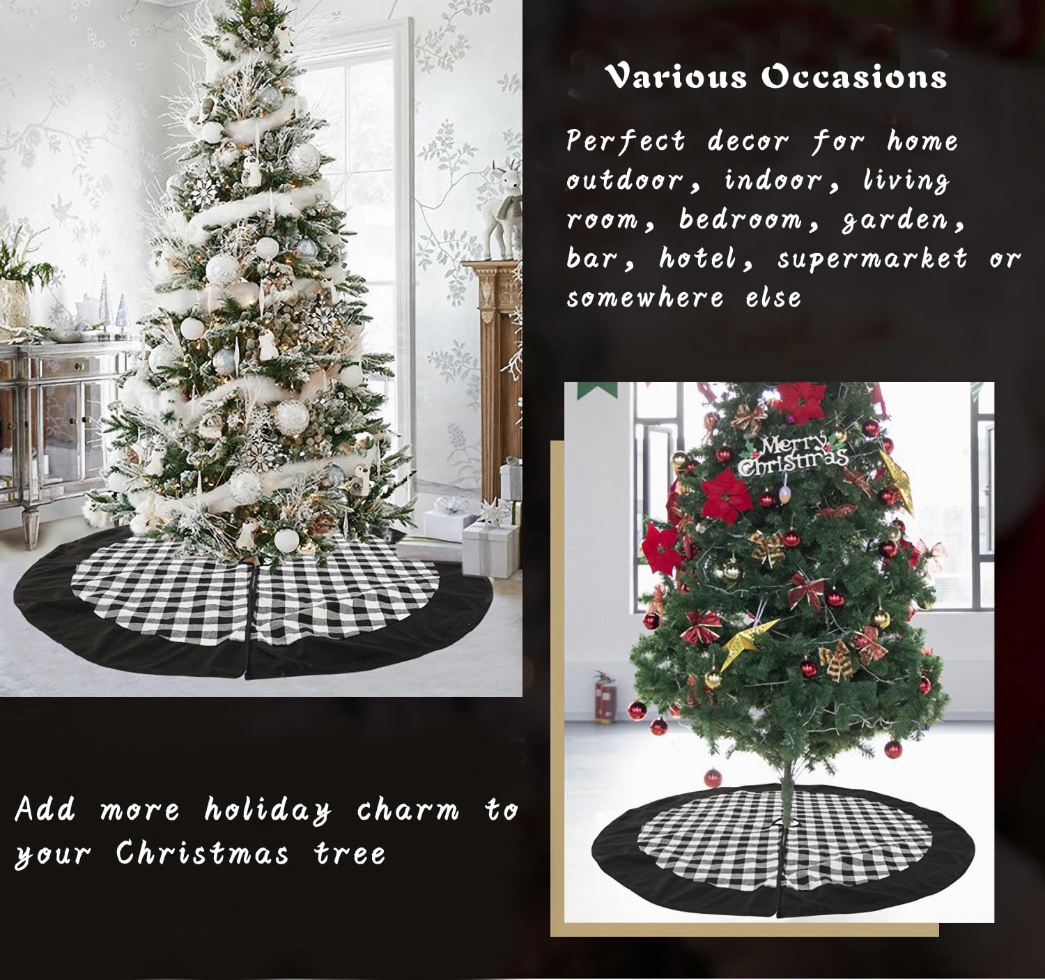 Medoore Black and White Buffalo Plaid Check Christmas Tree Skirt 48 inches, Country Xmas Tree Decorations Tree Skirts Double Layers Holiday Ornaments