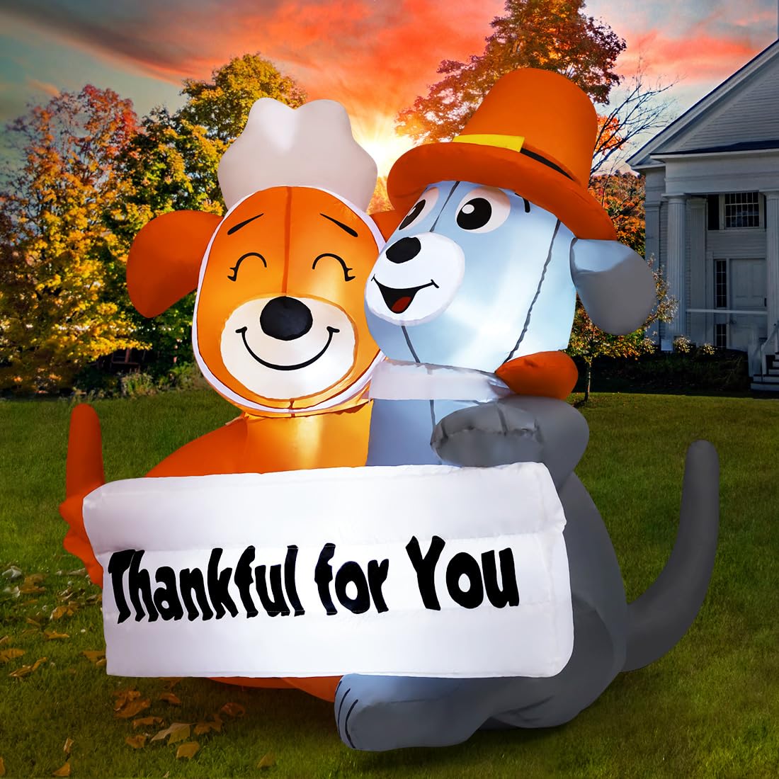 COMIN 4.3 FT Thanksgiving Inflatables Dog Outdoor Decorations Blow Up Yard Couple with Built-in LEDs for Indoor Party Garden Lawn Decorations