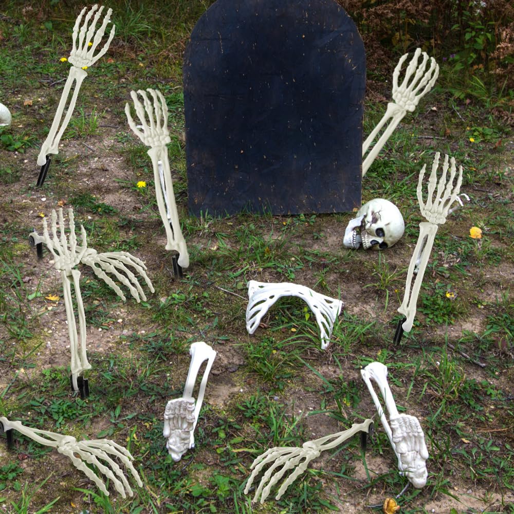 10 PCS Halloween Skeleton Decorations White Realistic Skeleton Stakes for Garden Lawn