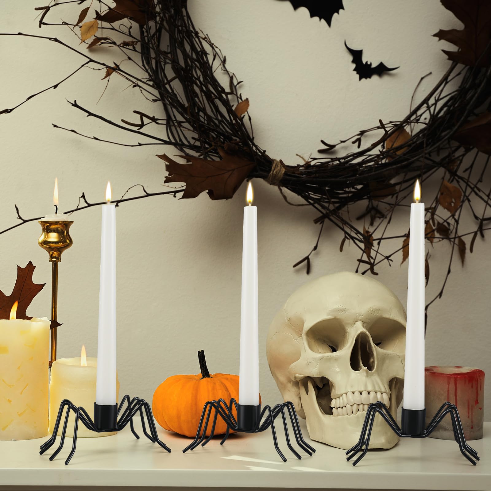 3 Pack Black Spider Taper Metal Candlestick Holders Halloween
