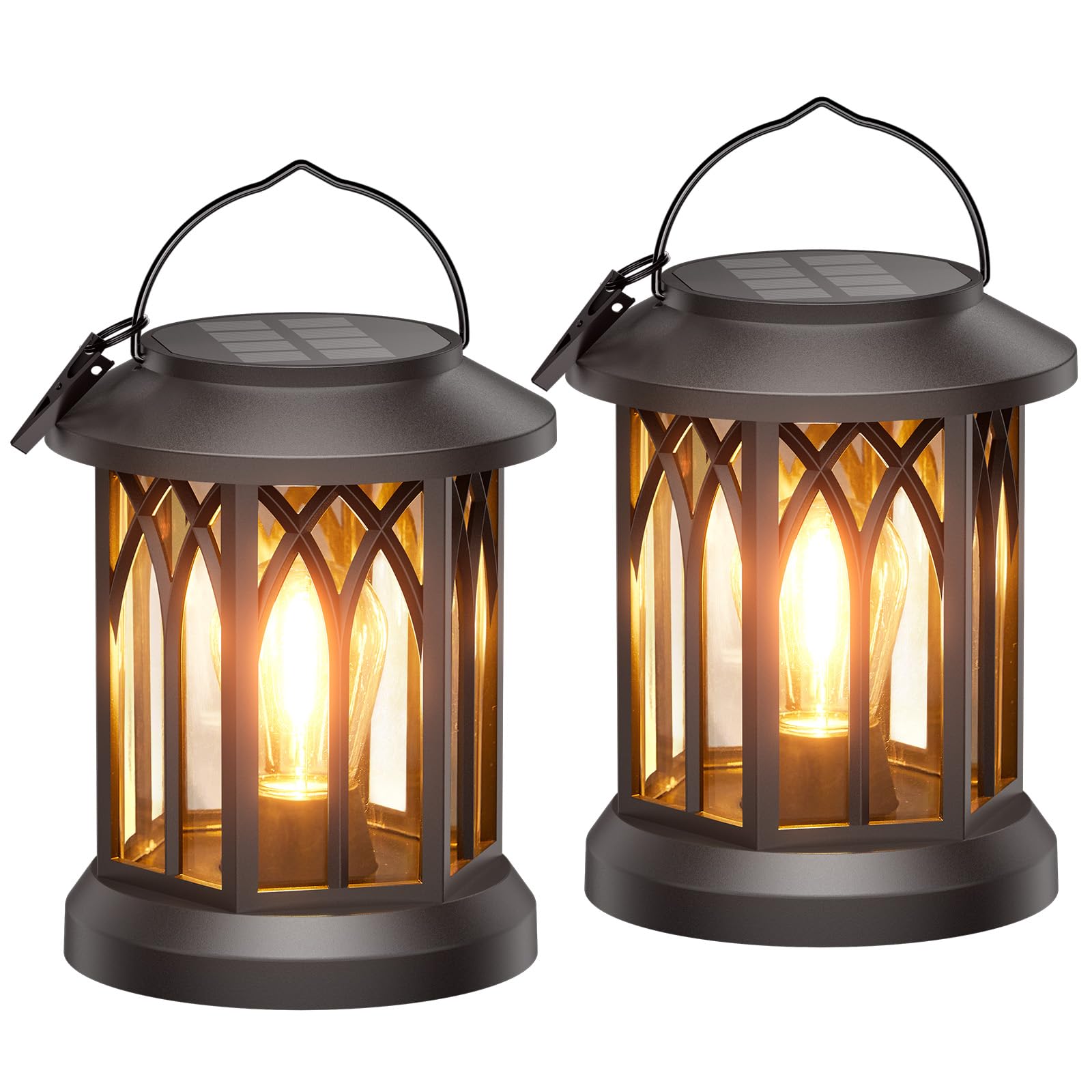 Two solar-powered lanterns with a warm glow on a white background