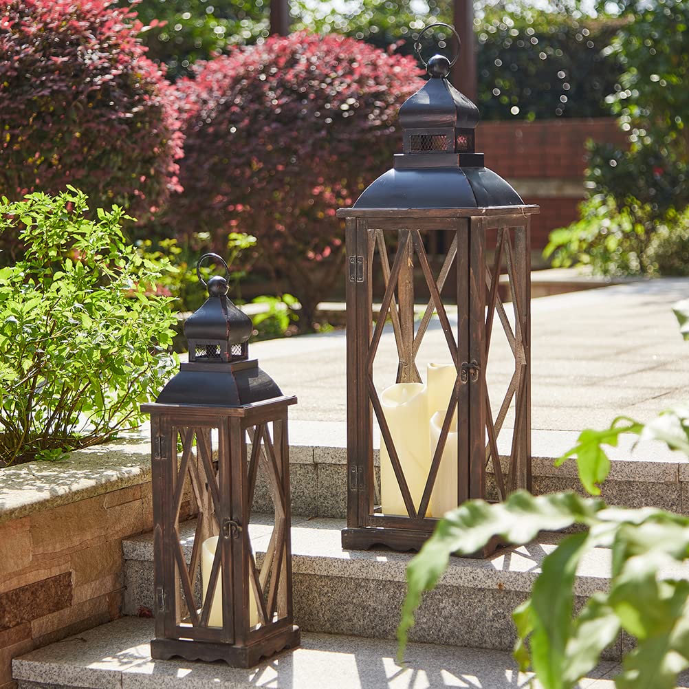2 Pack Farmhouse Wood/Metal Decorative Candle Lanterns