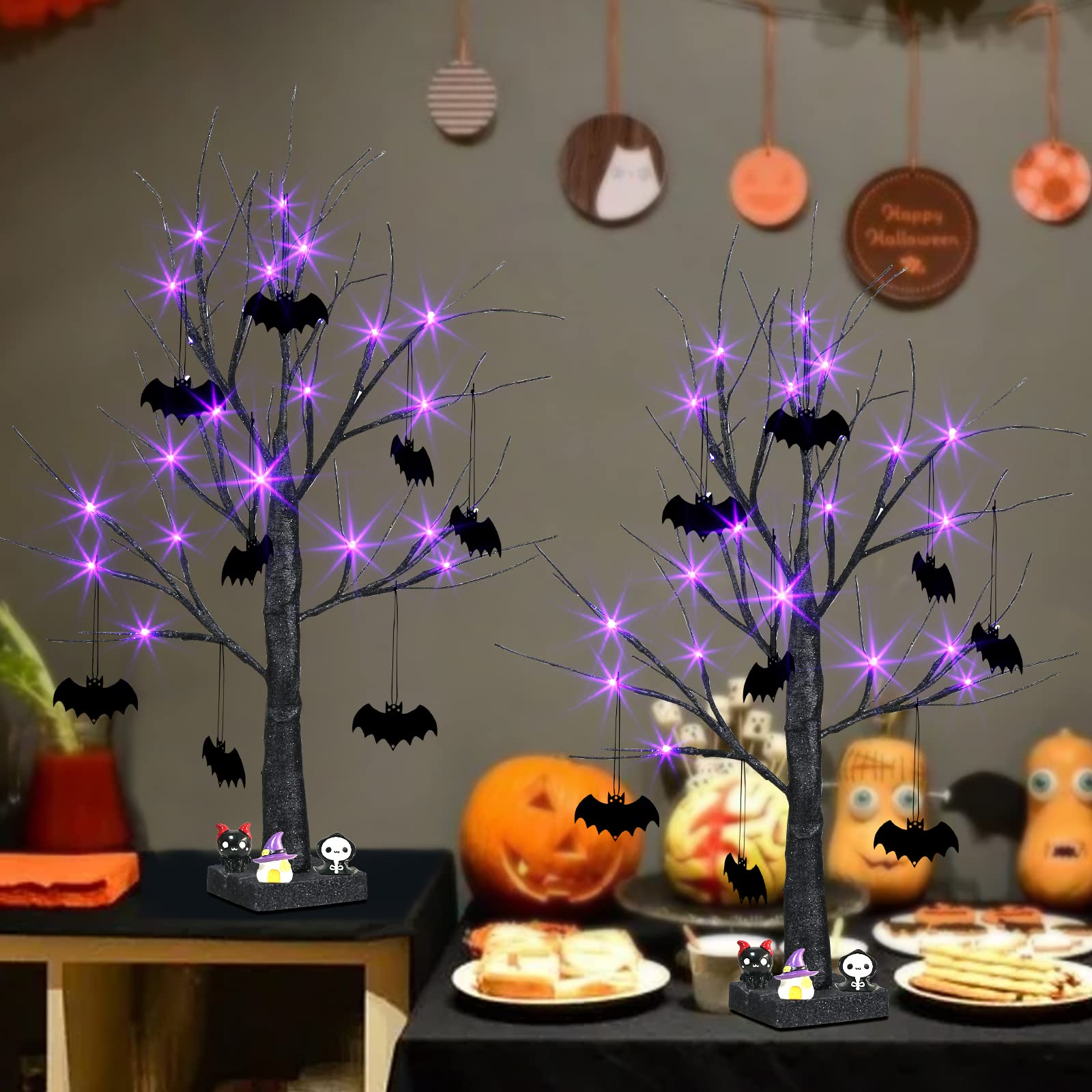 Mini Halloween trees with purple lights