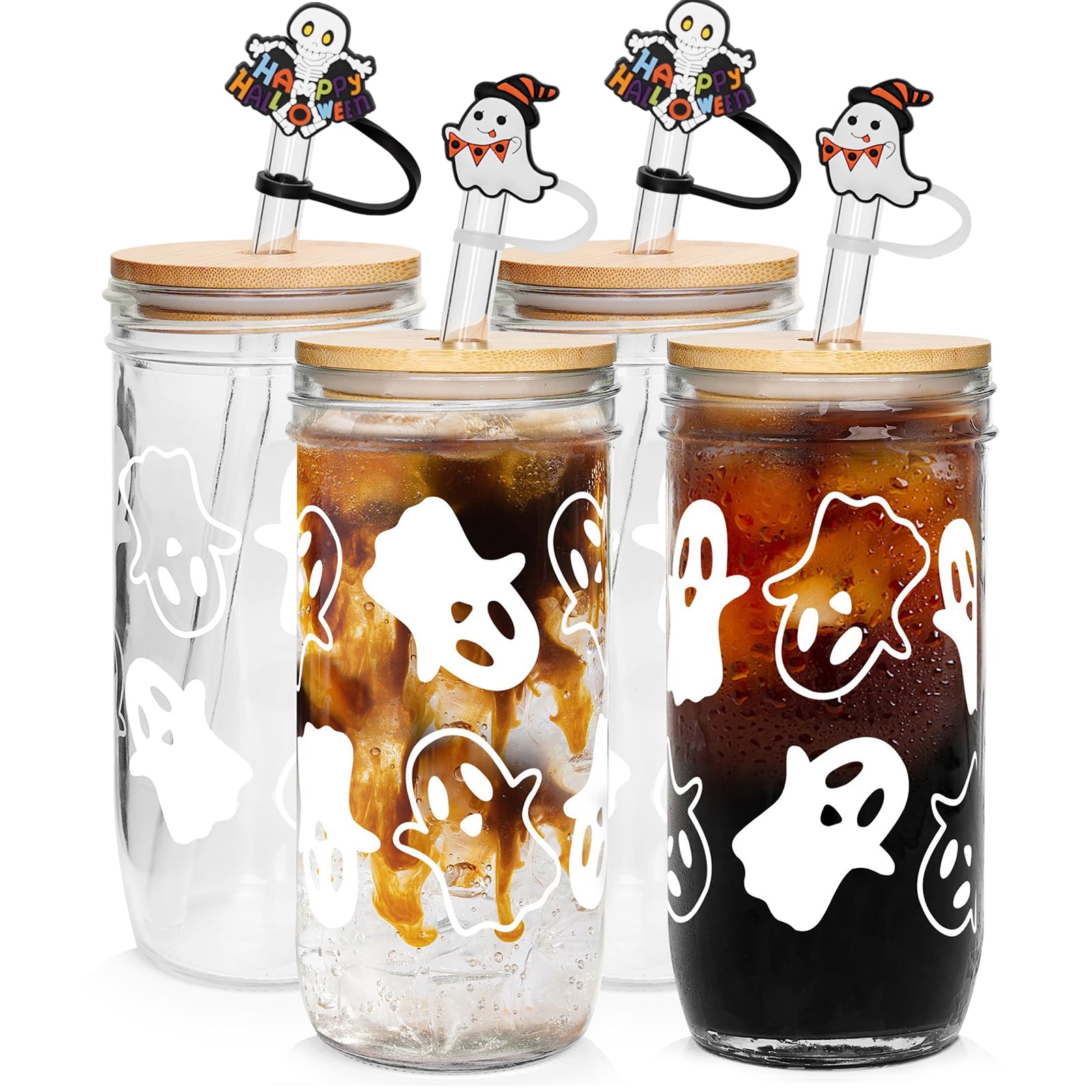 Ghost Halloween Cups, 24oz Glass Cups with Lids