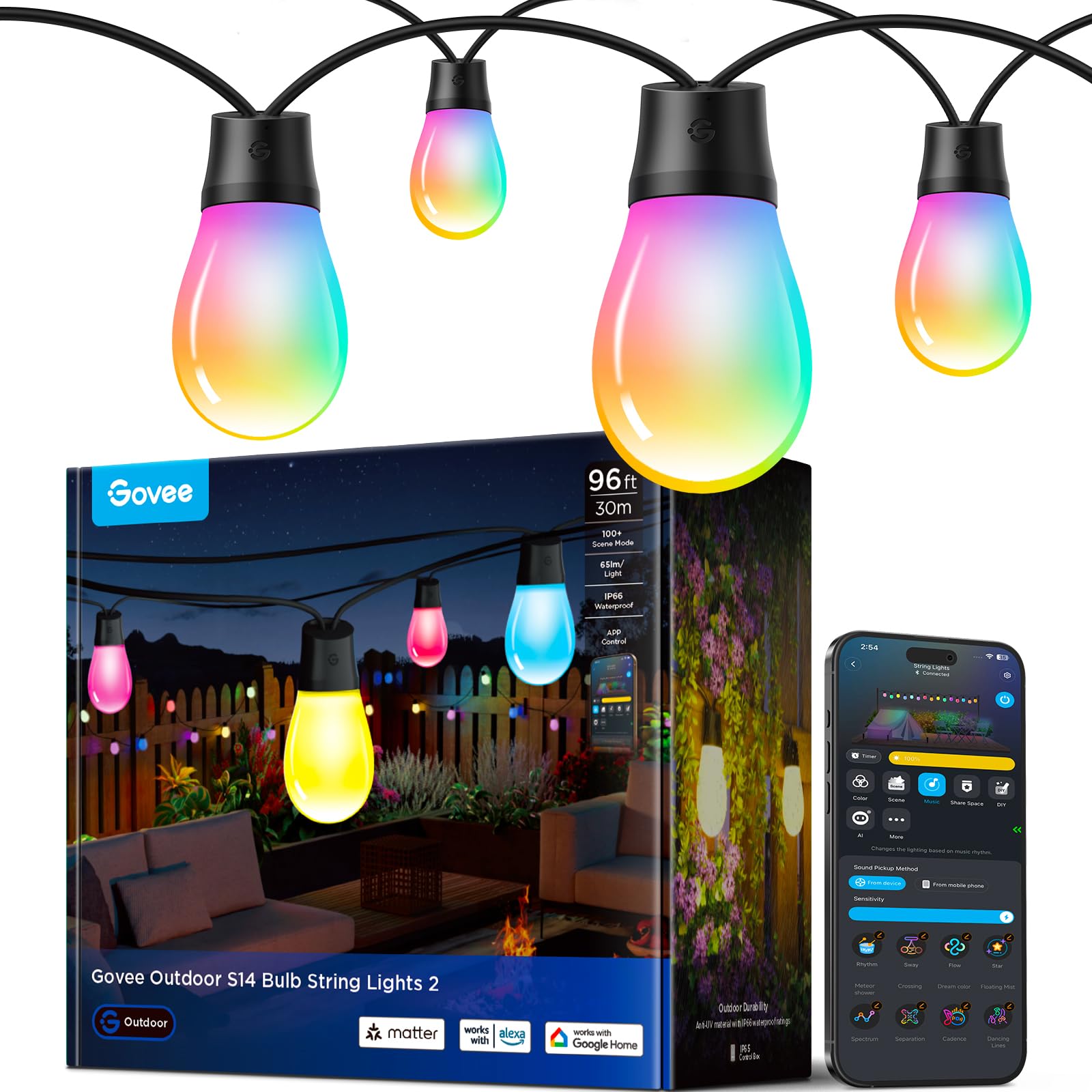 96ft Smart RGBIC Warm White S14 Bulb Outdoor String Lights (30 Bulbs)