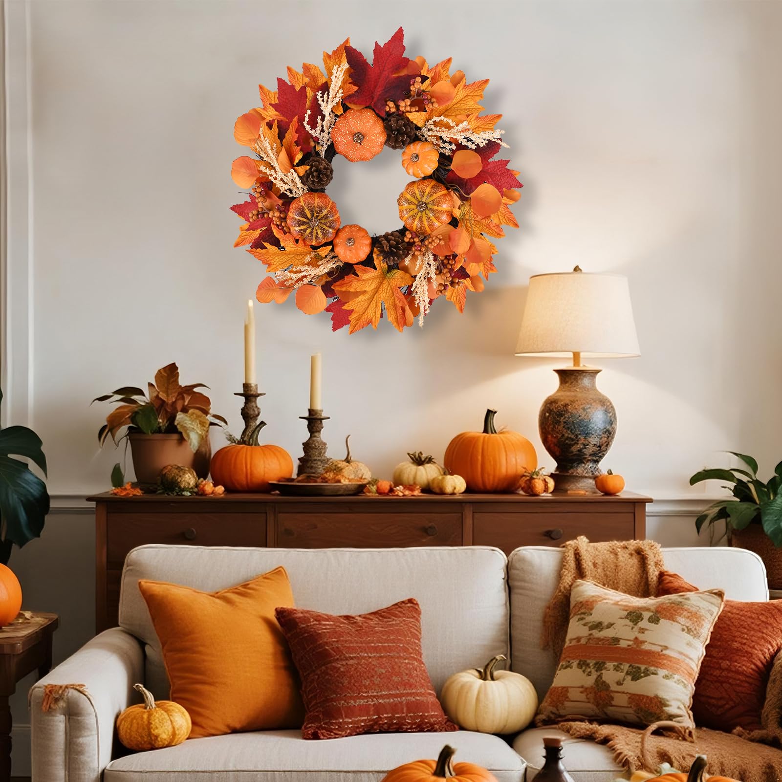 20 Inch Fall Wreath Decoration Leaf Pumpkin Pine Cone Berry Indoor/Outdoor