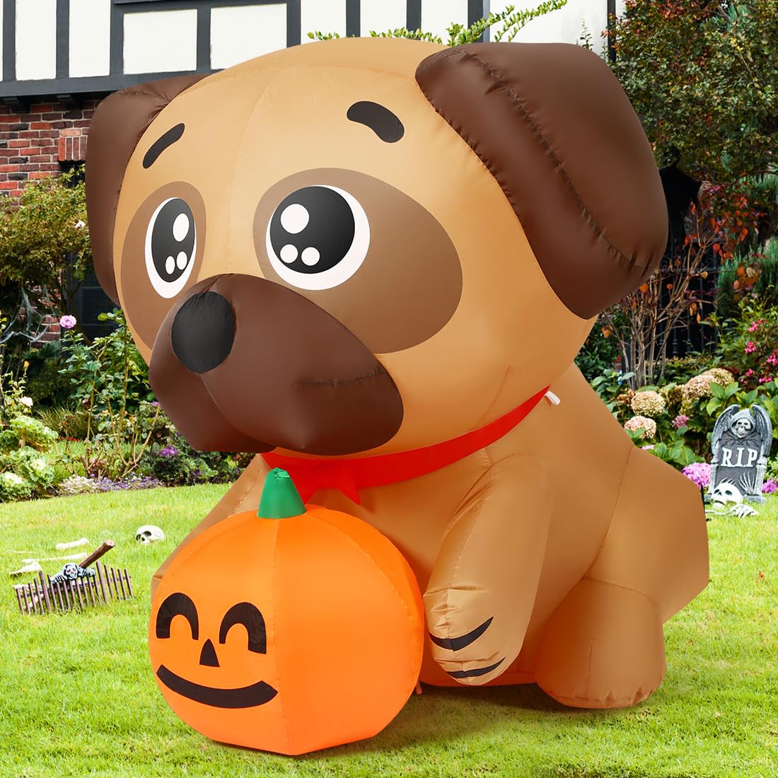 5 FT Pug Holding Pumpkin Inflatable with Built-in LEDs