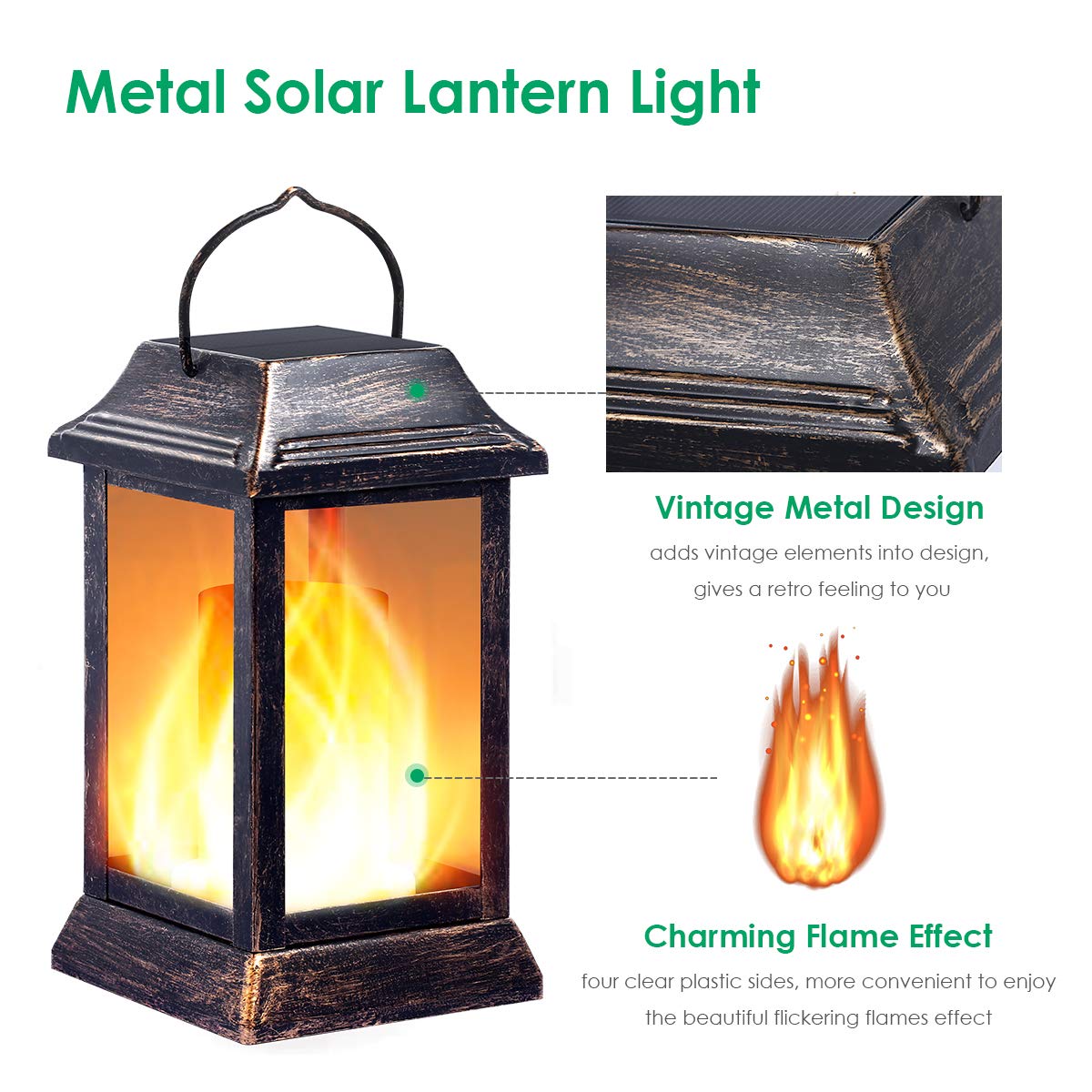 Metal solar lantern light with vintage design and flame effect on a white background