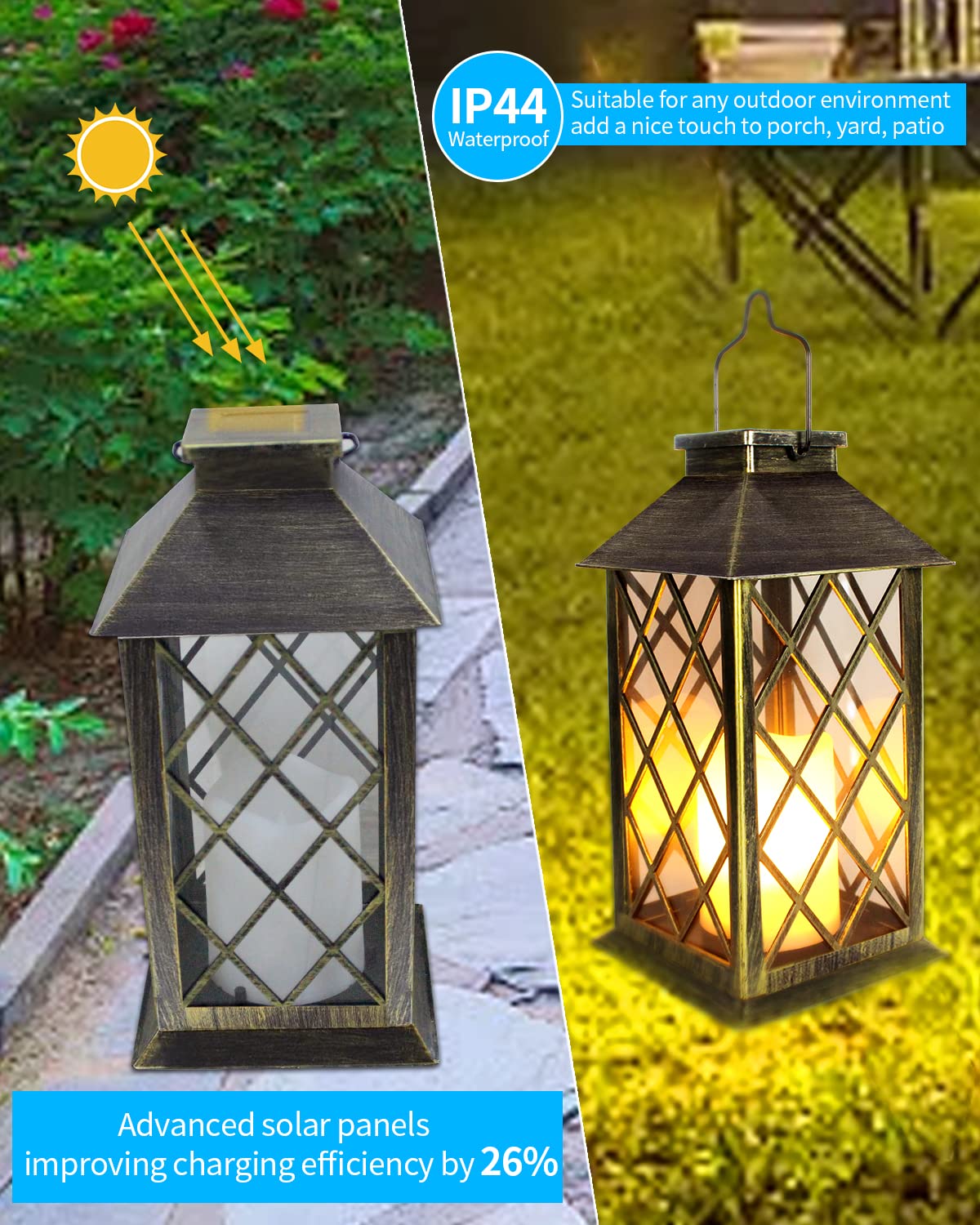 Solar-powered outdoor lanterns with decorative design, suitable for various outdoor environments.