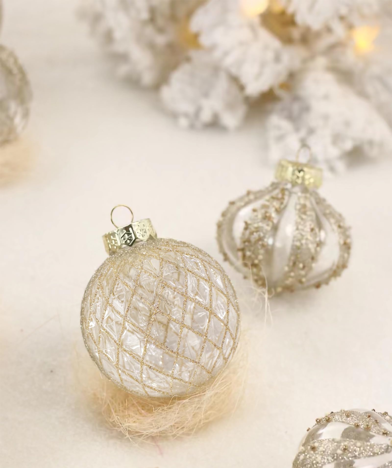 gold clear ornaments with diagonal pattern