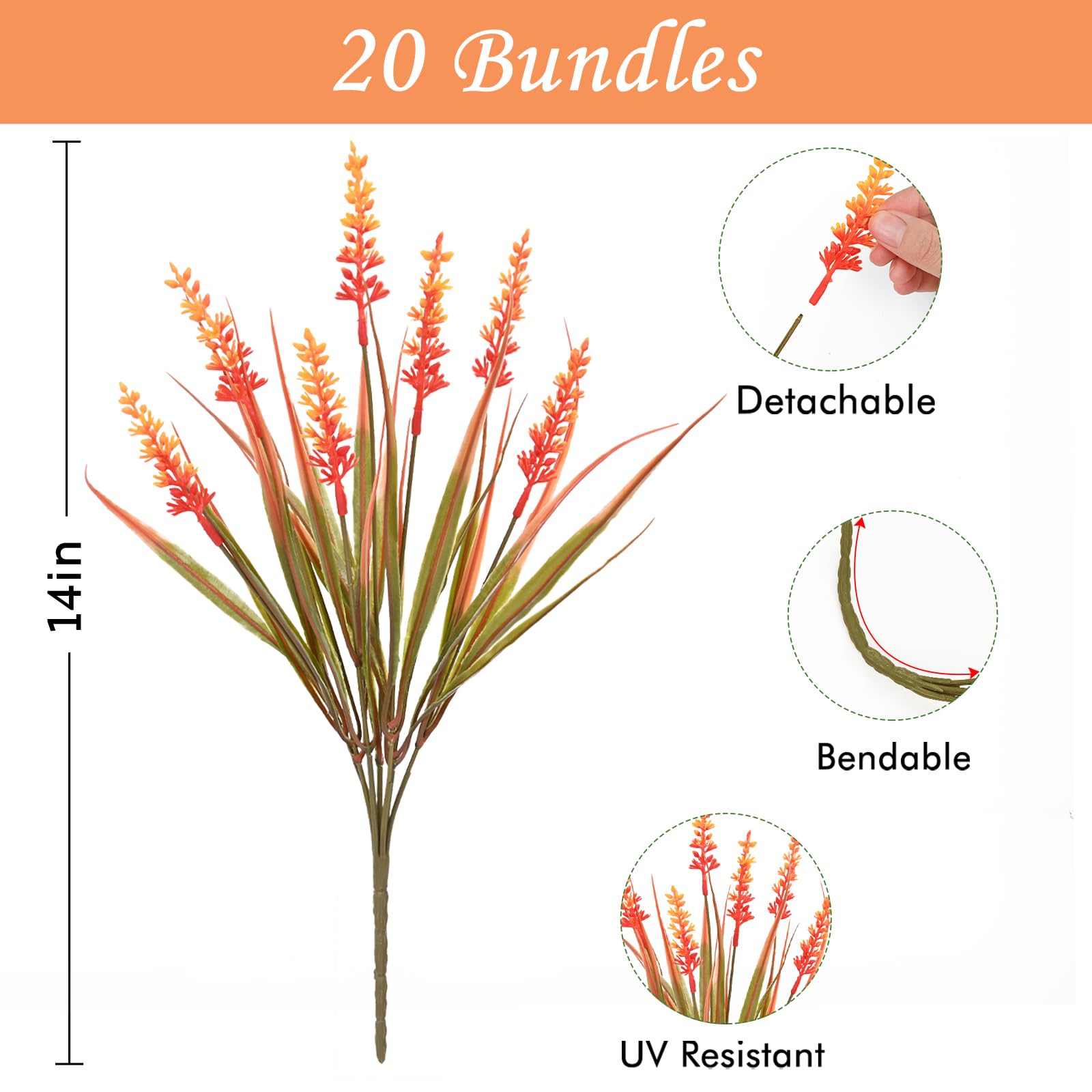 20 Bundles Orange UV Resistant Faux Mums for Outdoor Planters