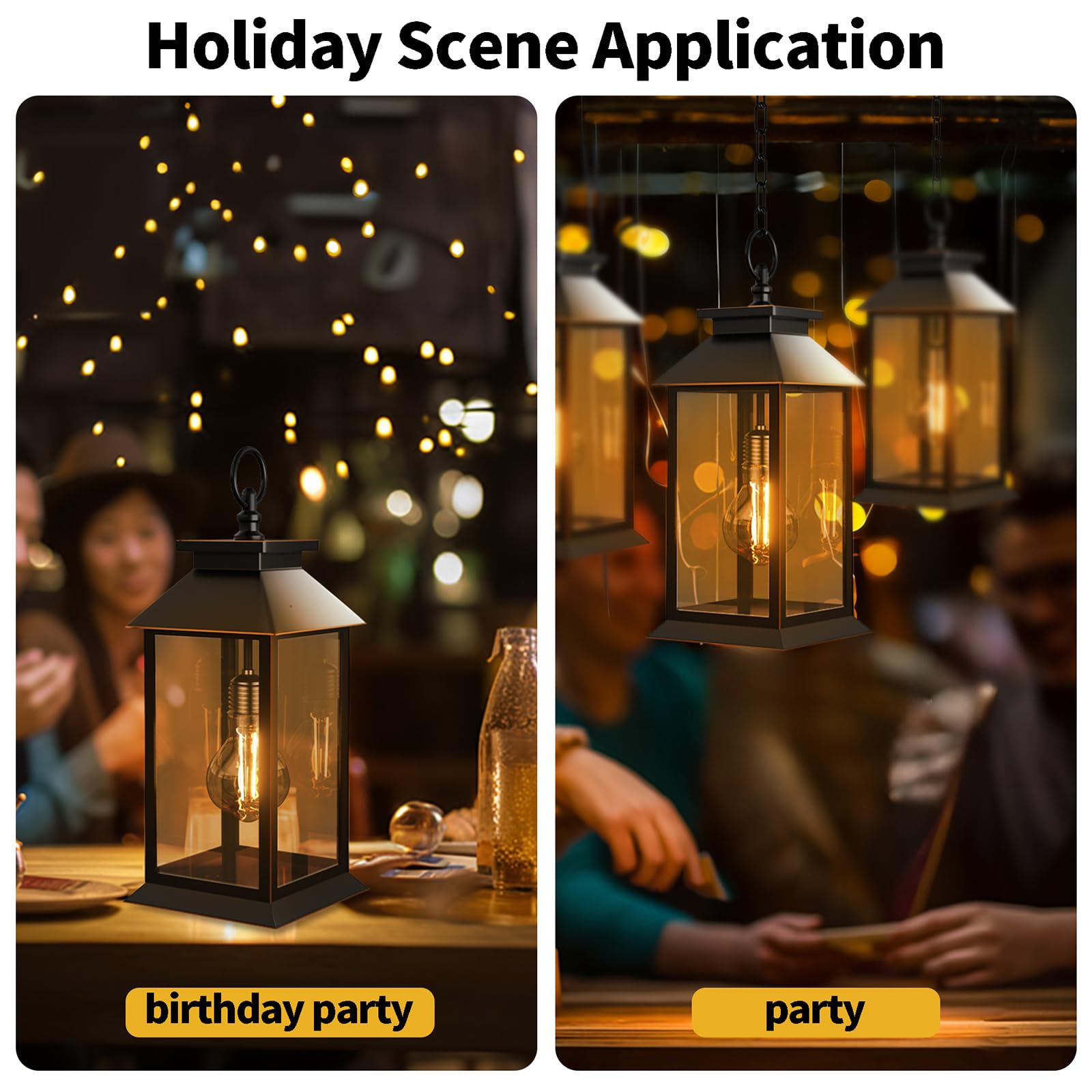 Two lanterns on a table with people in the background, labeled birthday party and party.