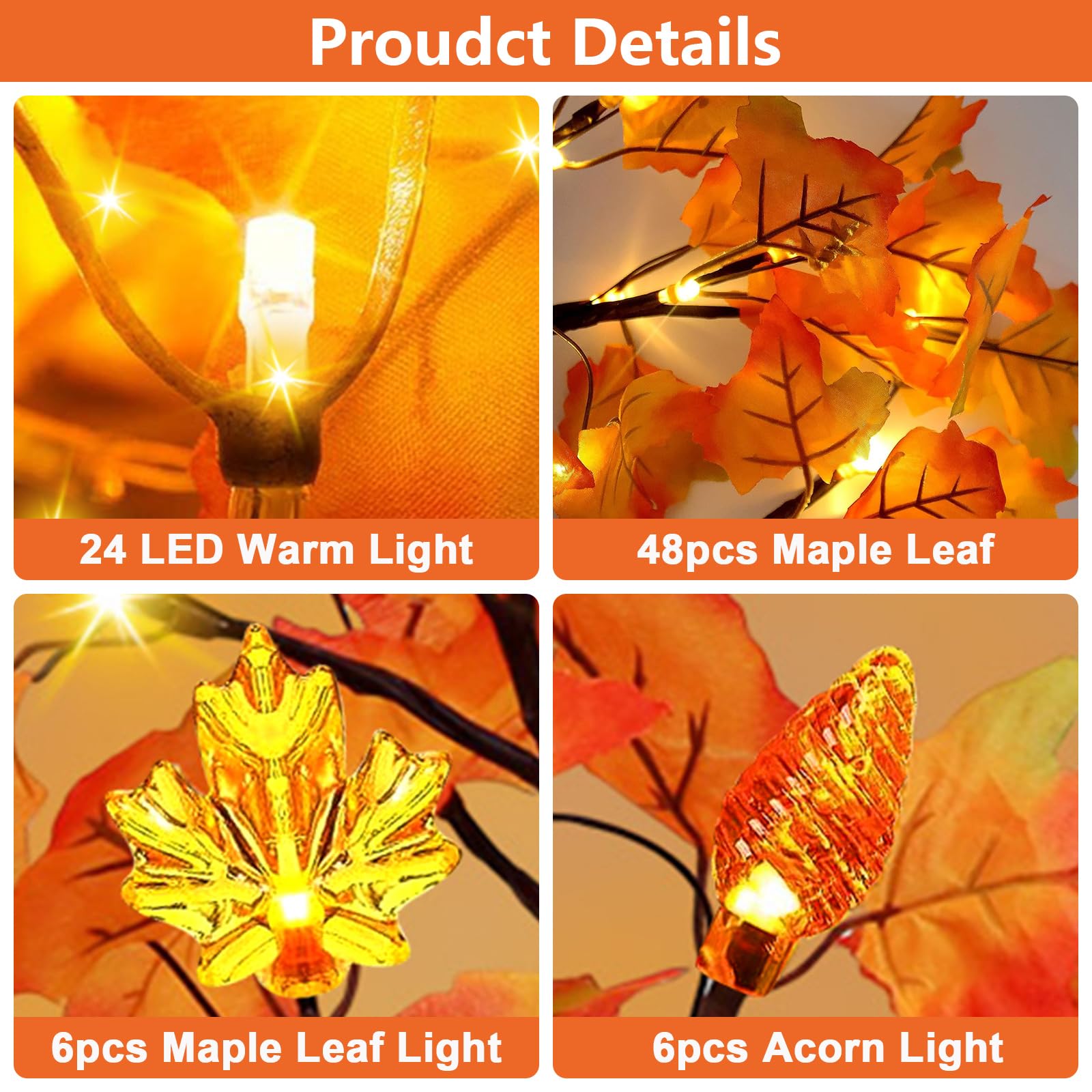 2 Pack Fall Maple Tree Decor with 48 LED Lights Battery Operated