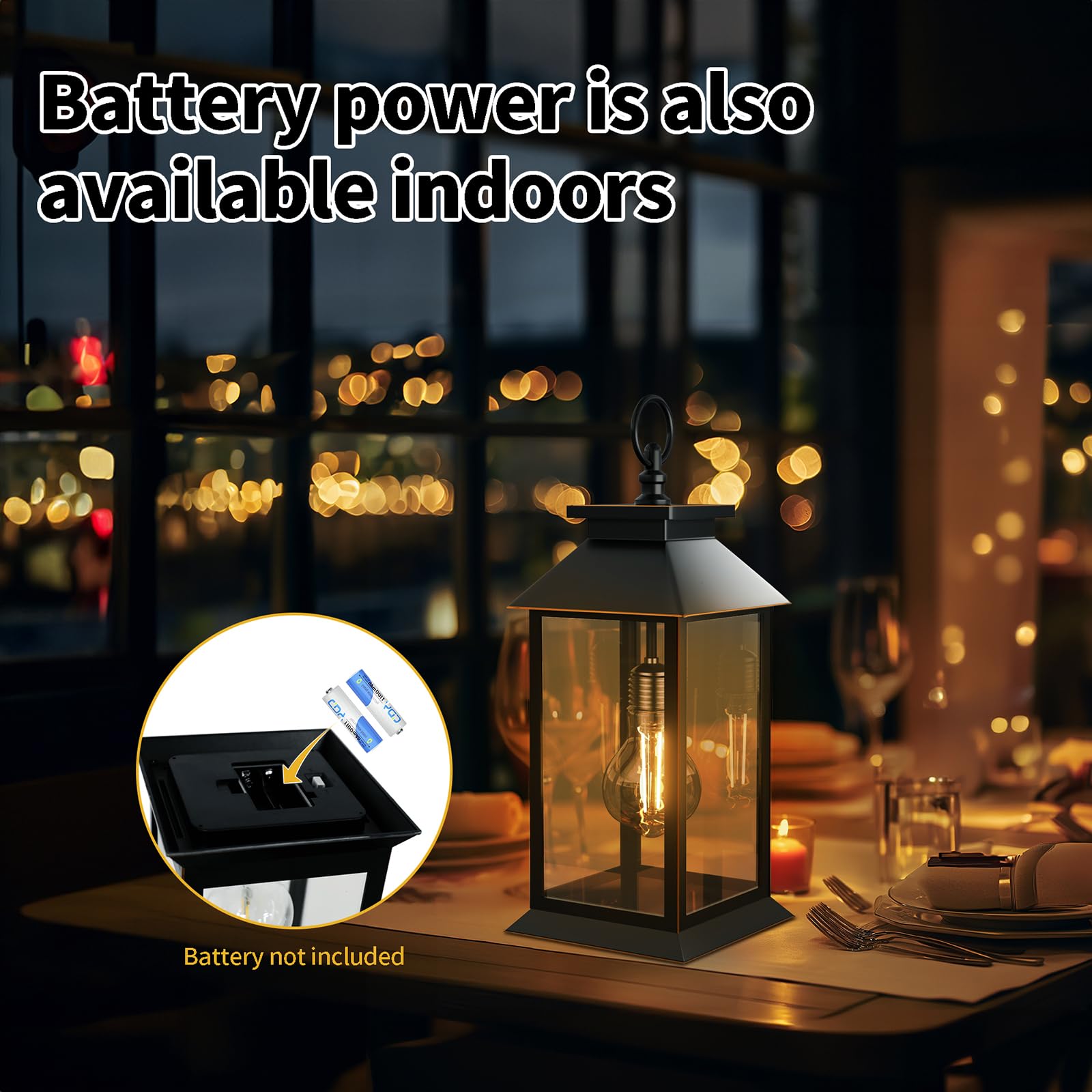 Decorative lantern with battery power indicator on a table at night.