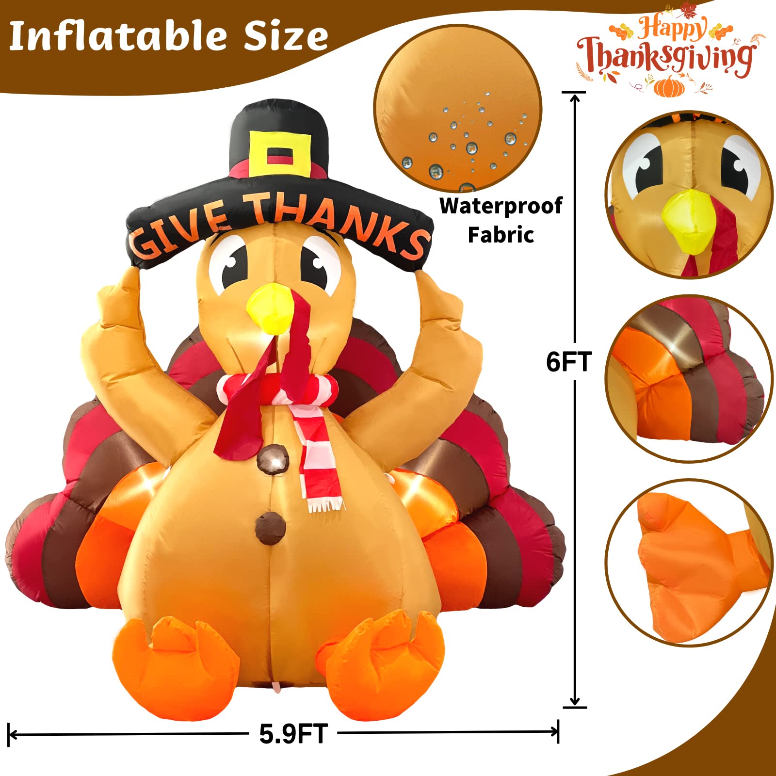 Buheco Thanksgiving Inflatable Turkey Lawn Decoration 6ft Giant Blow Up Turkey Inflatables Outdoor Yard Decorations with Pilgrim Hat Led Light for Happy Fall Holiday Indoor Outside Autumn Home Decor