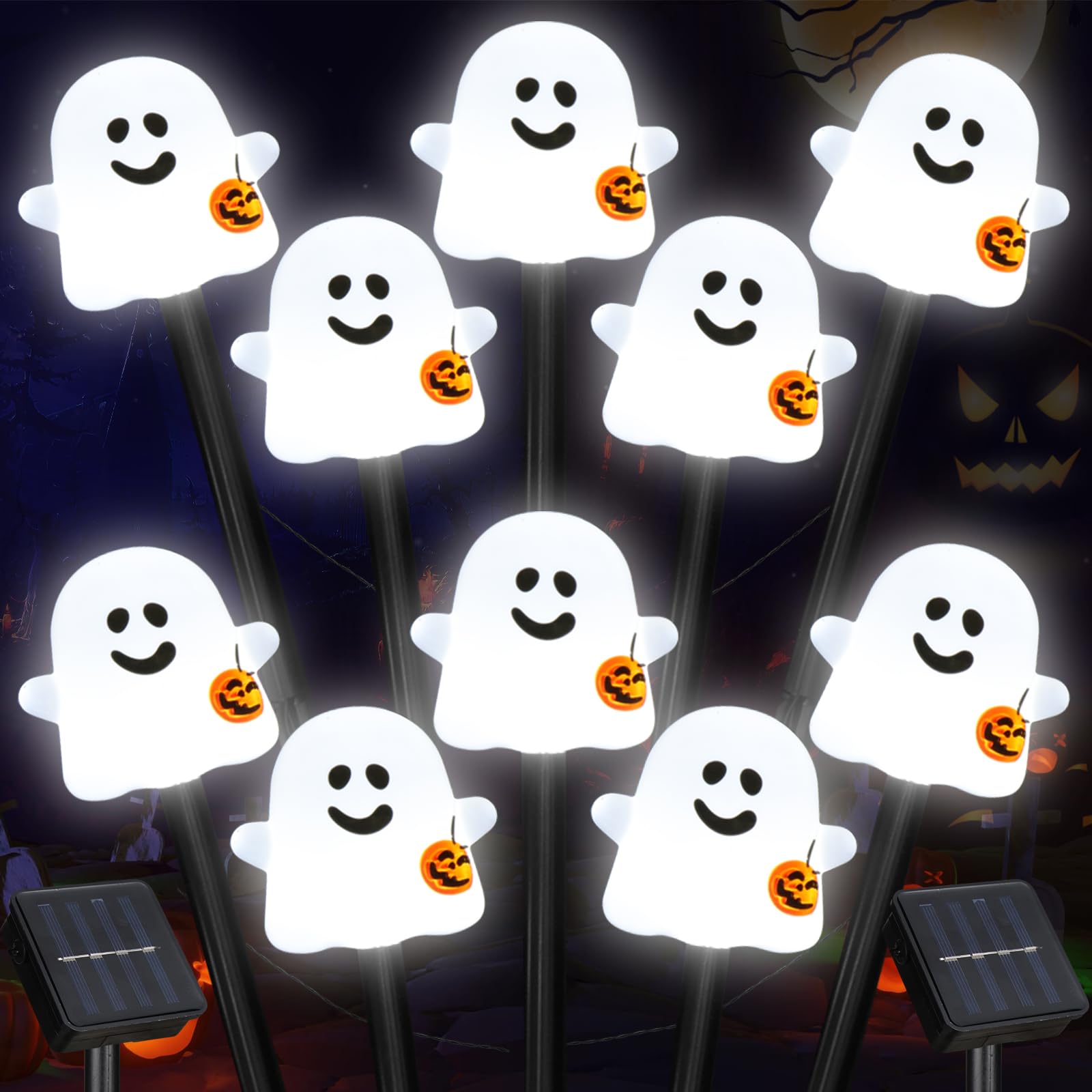 10 Pack Solar Halloween Ghost Pathway Lights, Ghost Stake Lights with Pumpkin Design
