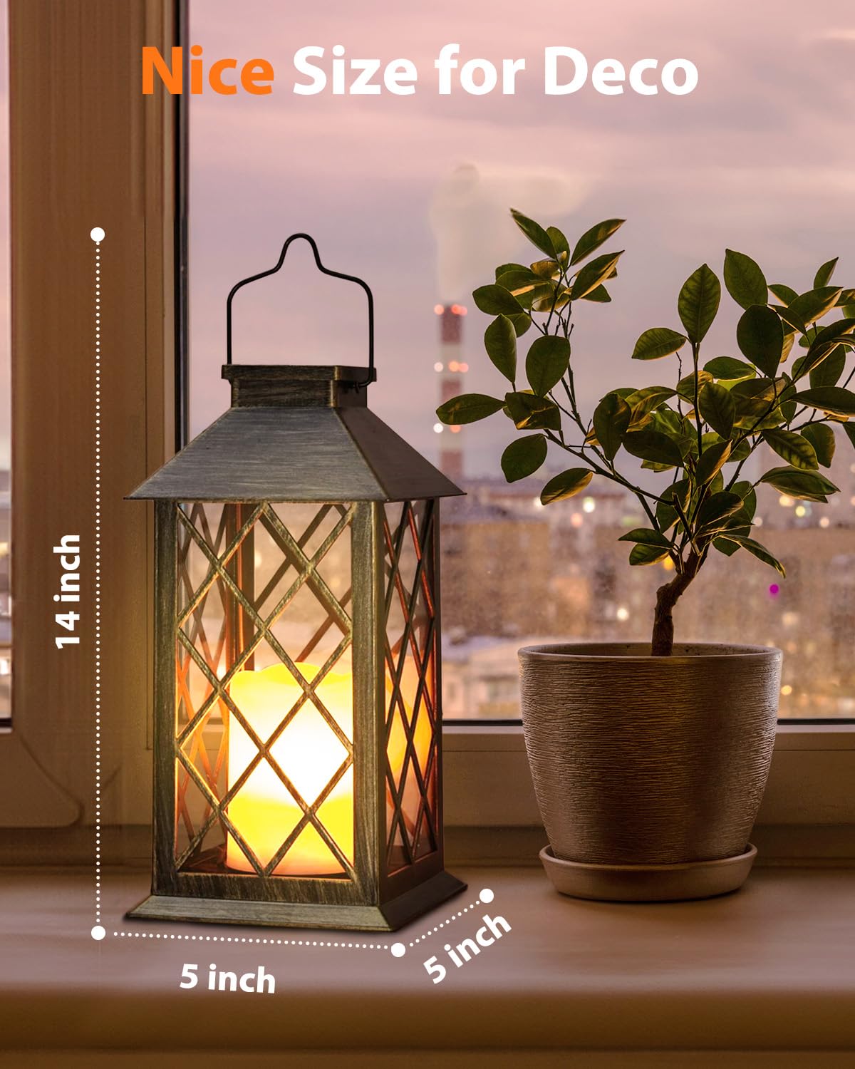 Decorative lantern with dimensions labeled next to a potted plant on a windowsill.