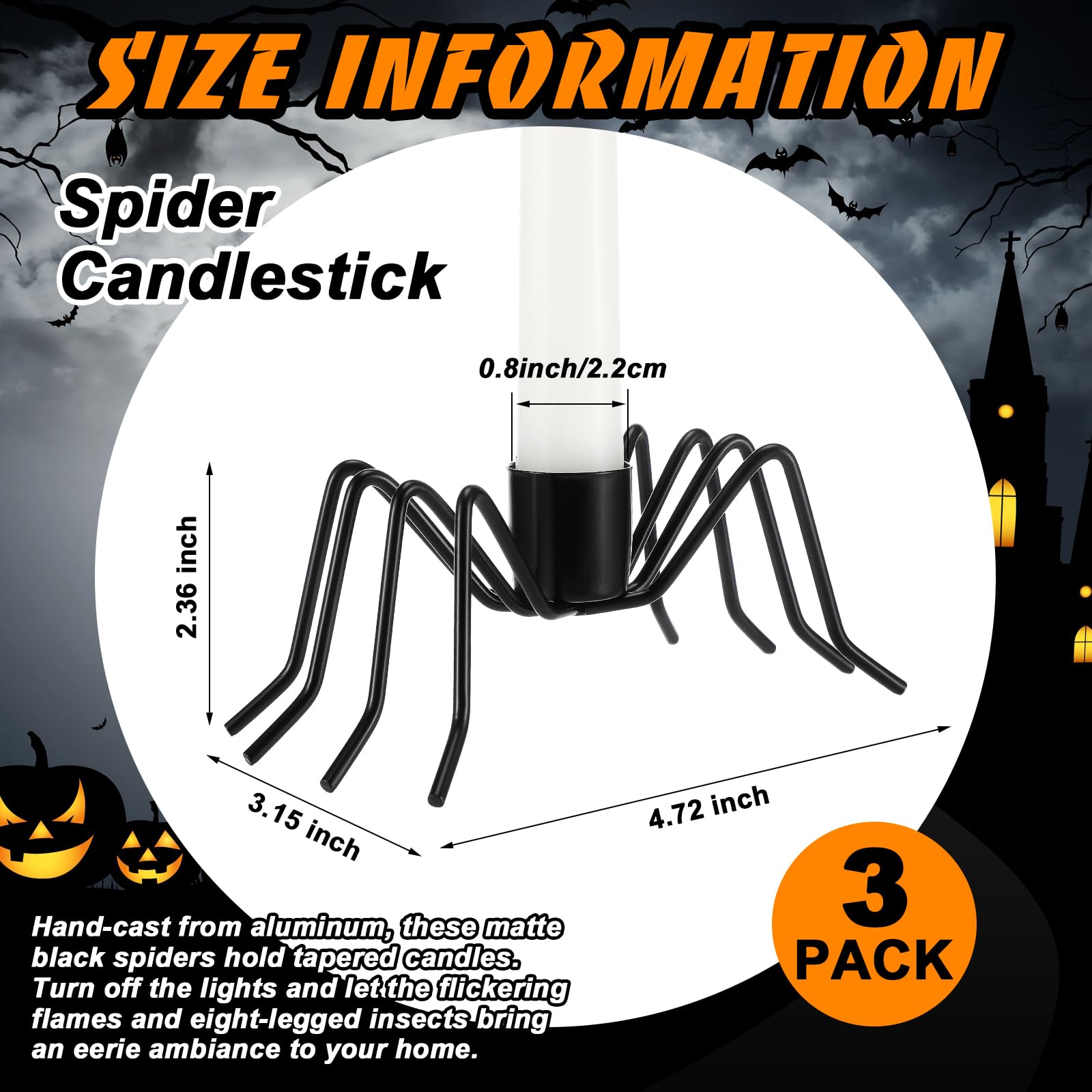 3 Pack Black Spider Taper Metal Candlestick Holders Halloween