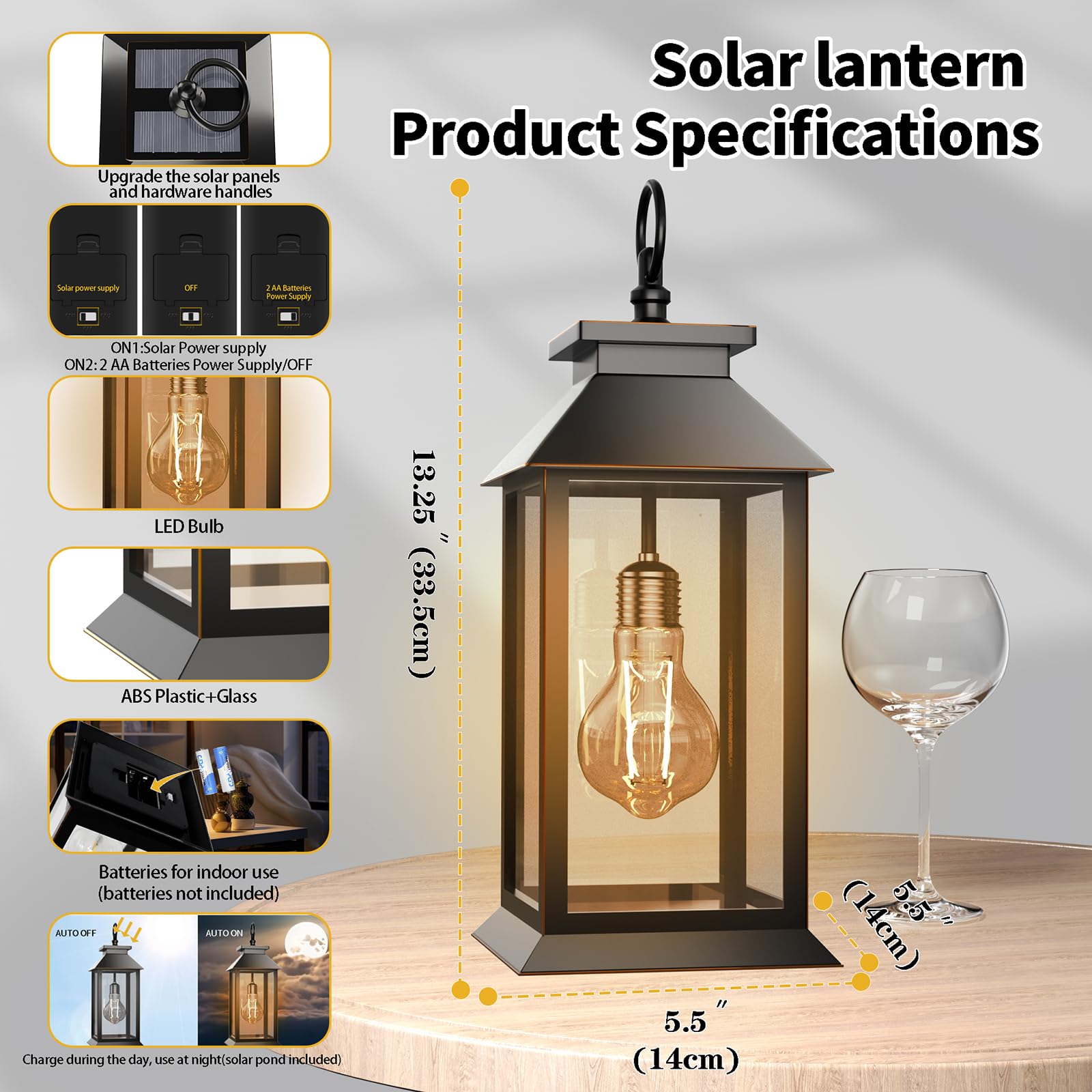 Solar lantern with product specifications on a neutral background