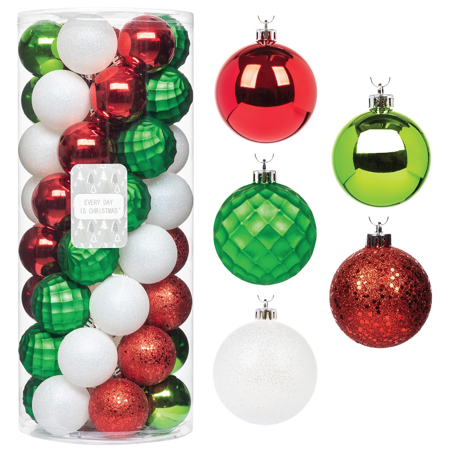 50ct White Red Green Shatterproof Christmas Tree Ornament Set