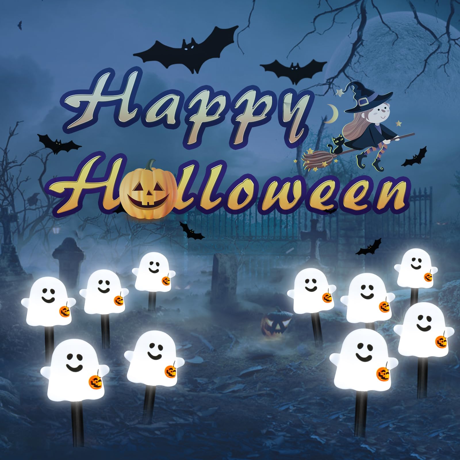 10 Pack Solar Halloween Ghost Pathway Lights, Ghost Stake Lights with Pumpkin Design