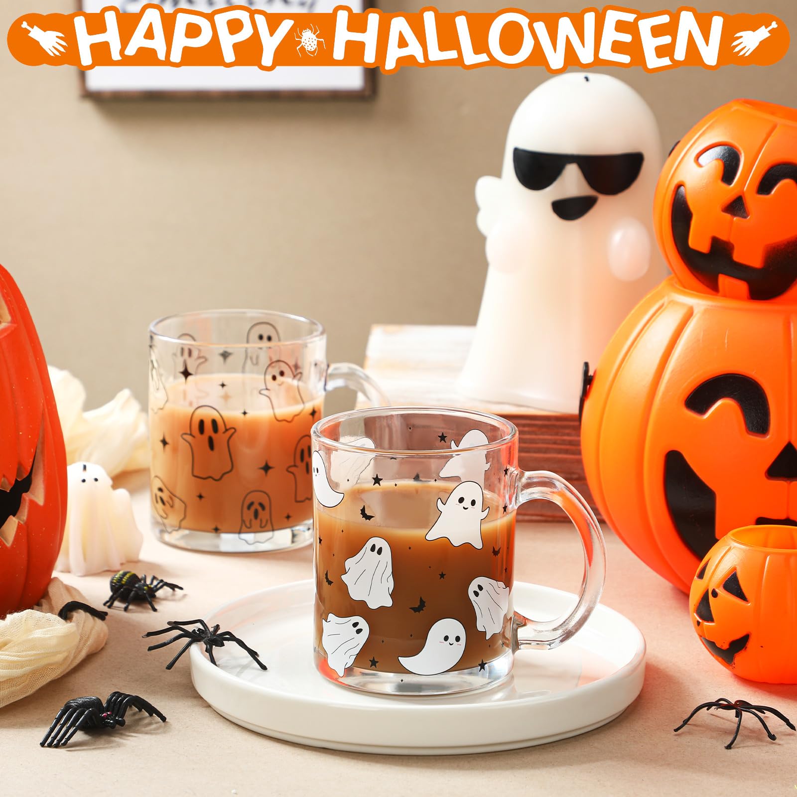 4 Pcs Halloween Ghosts Glass Coffee Mugs with Handle, 12oz