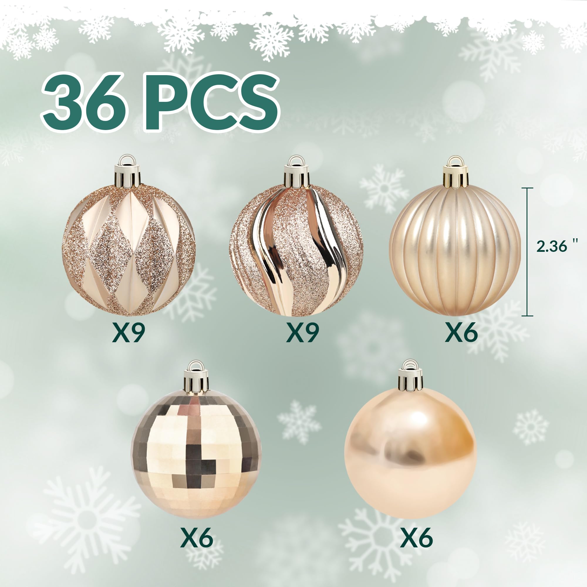 36 Piece Champagne Christmas Ball Ornaments Set - Design Detail