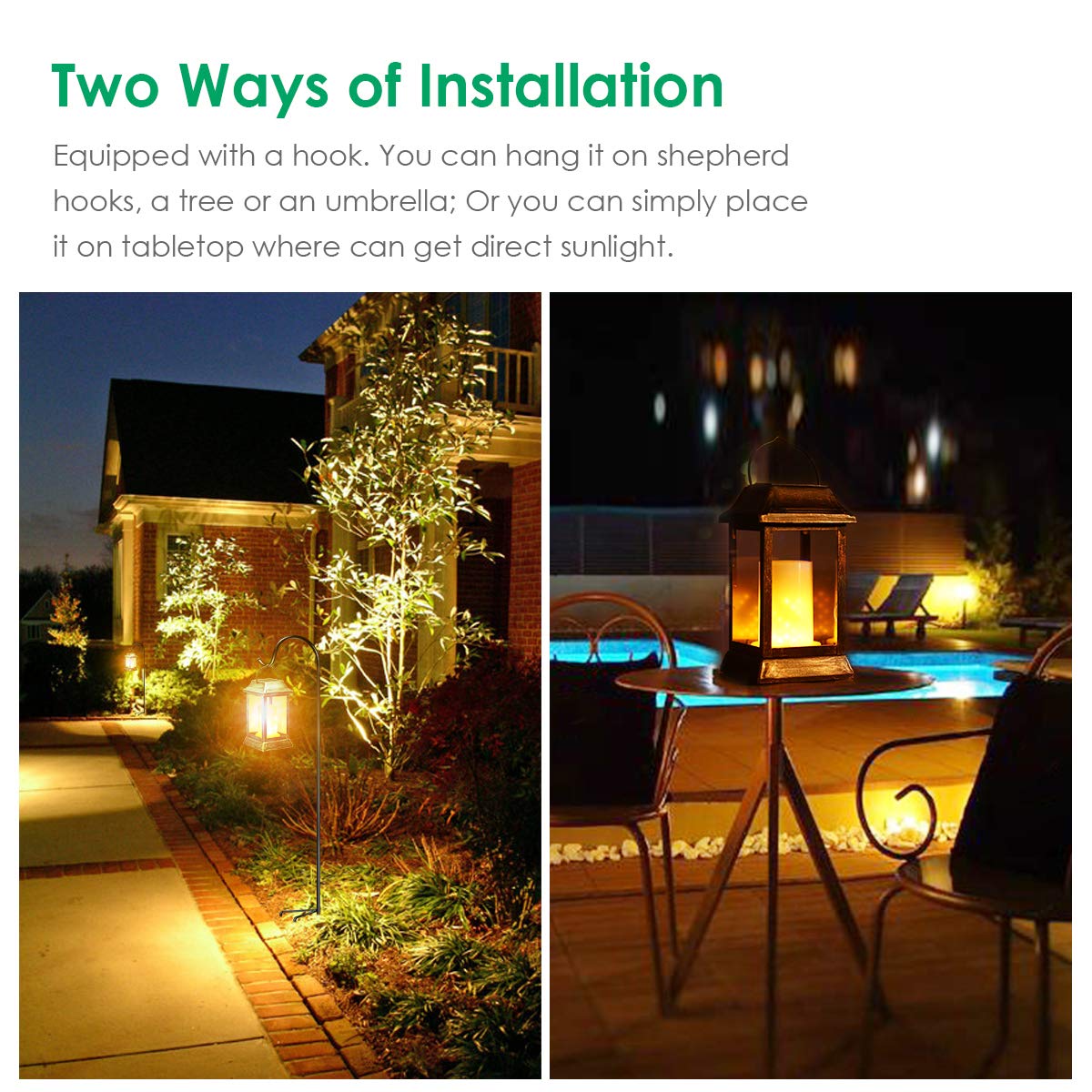 Two ways of installation with outdoor lighting fixtures on a hook and table.