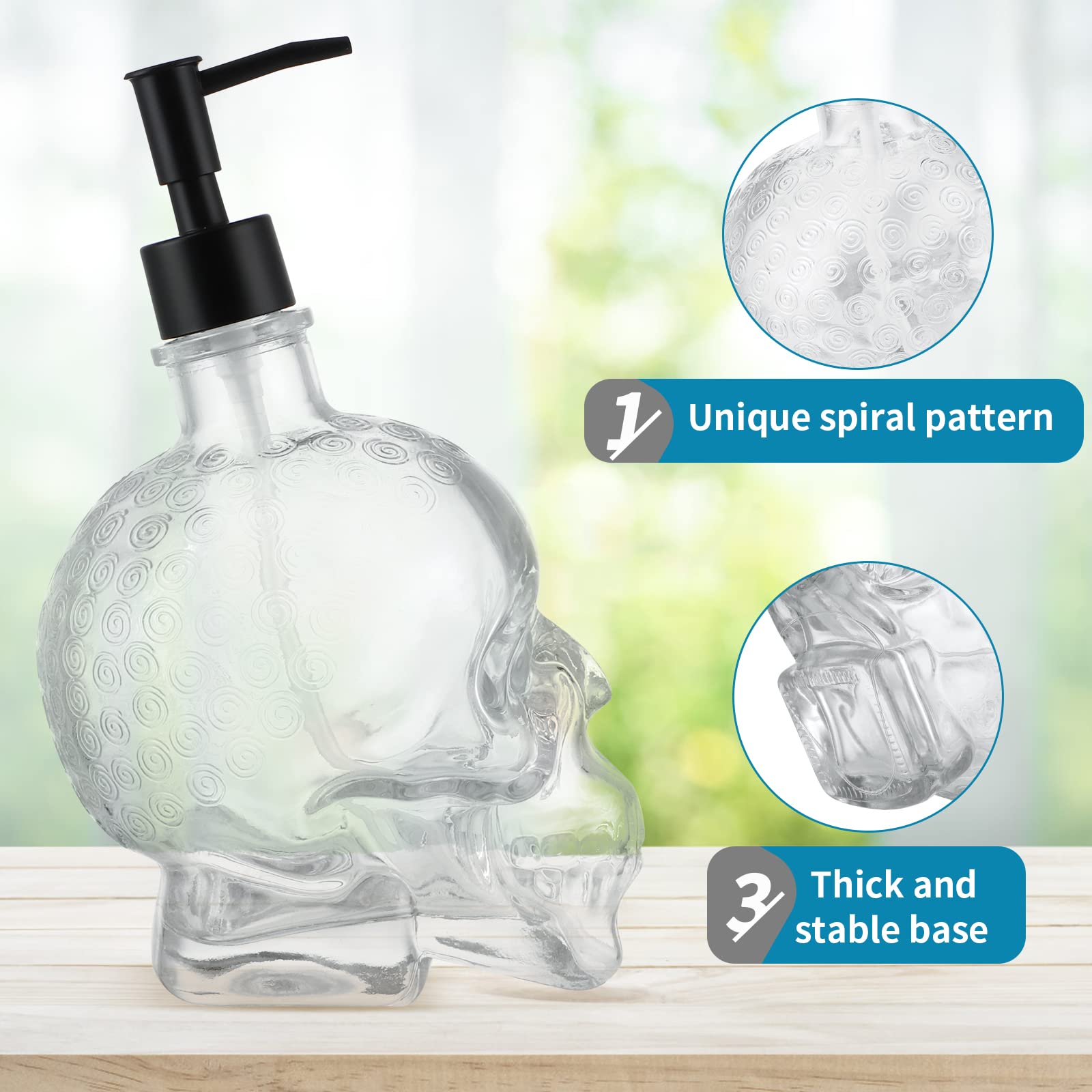 Skull Soap Dispenser 25 Oz, Glass Soap Dispenser with Rust Proof Pump