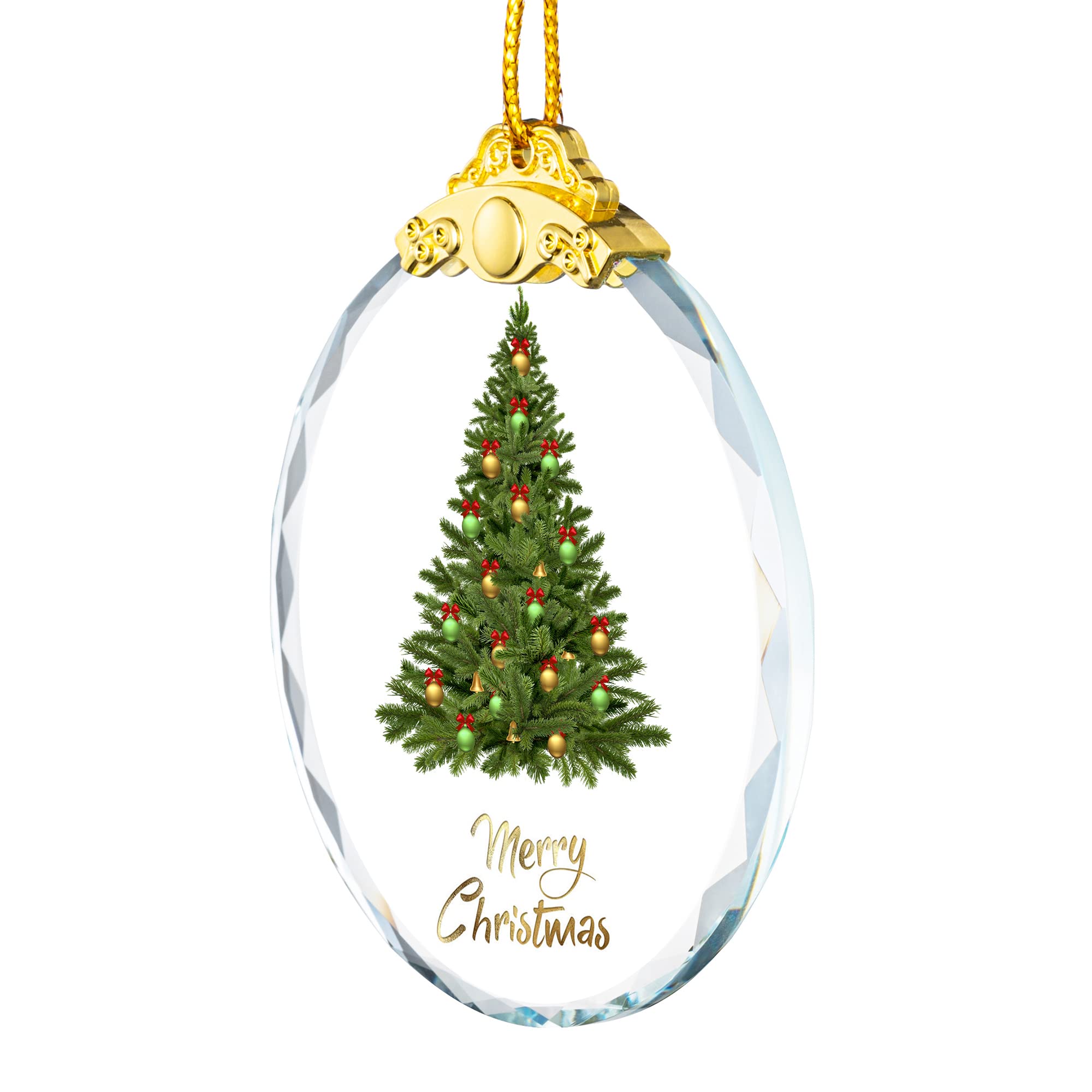 Crystal ornament with gold accent and Christmas tree picture