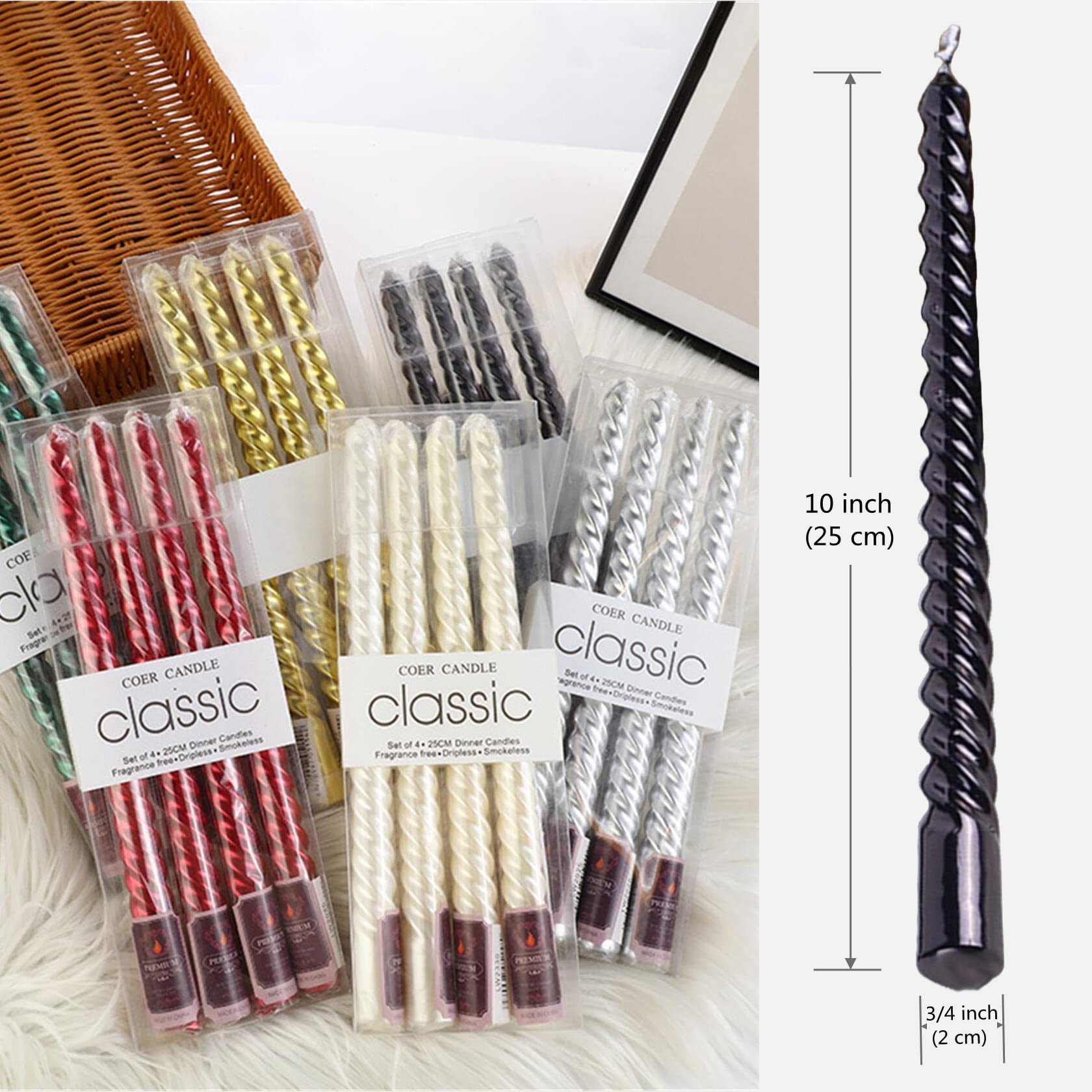 Halloween Candles, 10" Dripless Black Spiral Taper Candles Set of 4