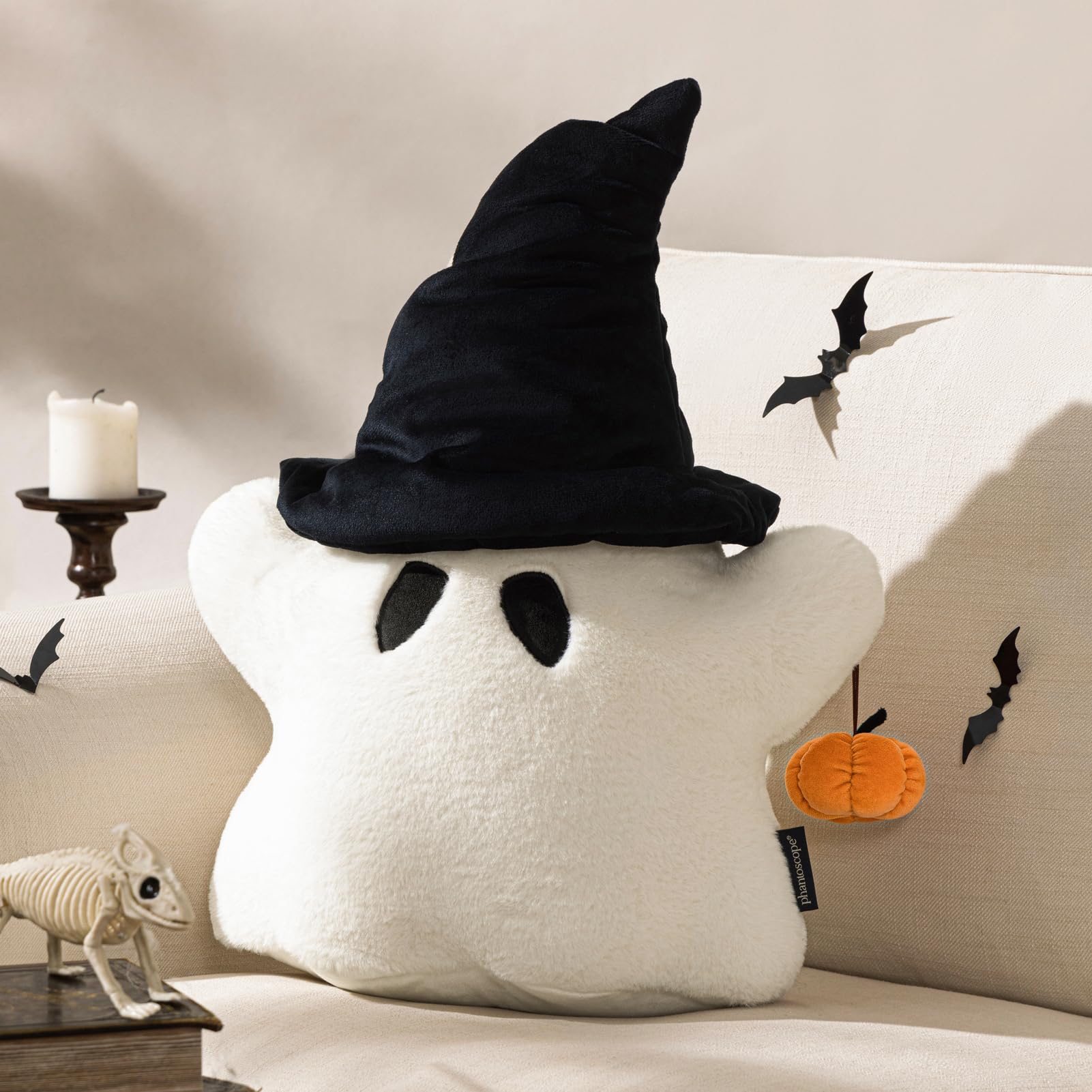 Ghost Pillow with Witch Hat and Pumpkin 20" x 16"