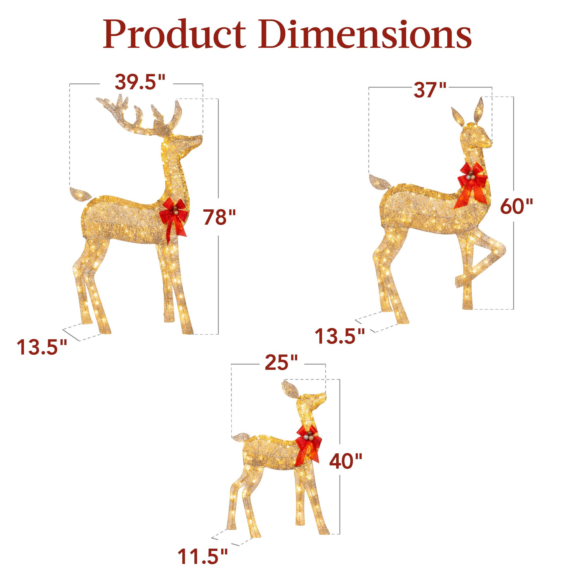 3-Piece Large Gold Lighted Christmas Deer Set Sizes