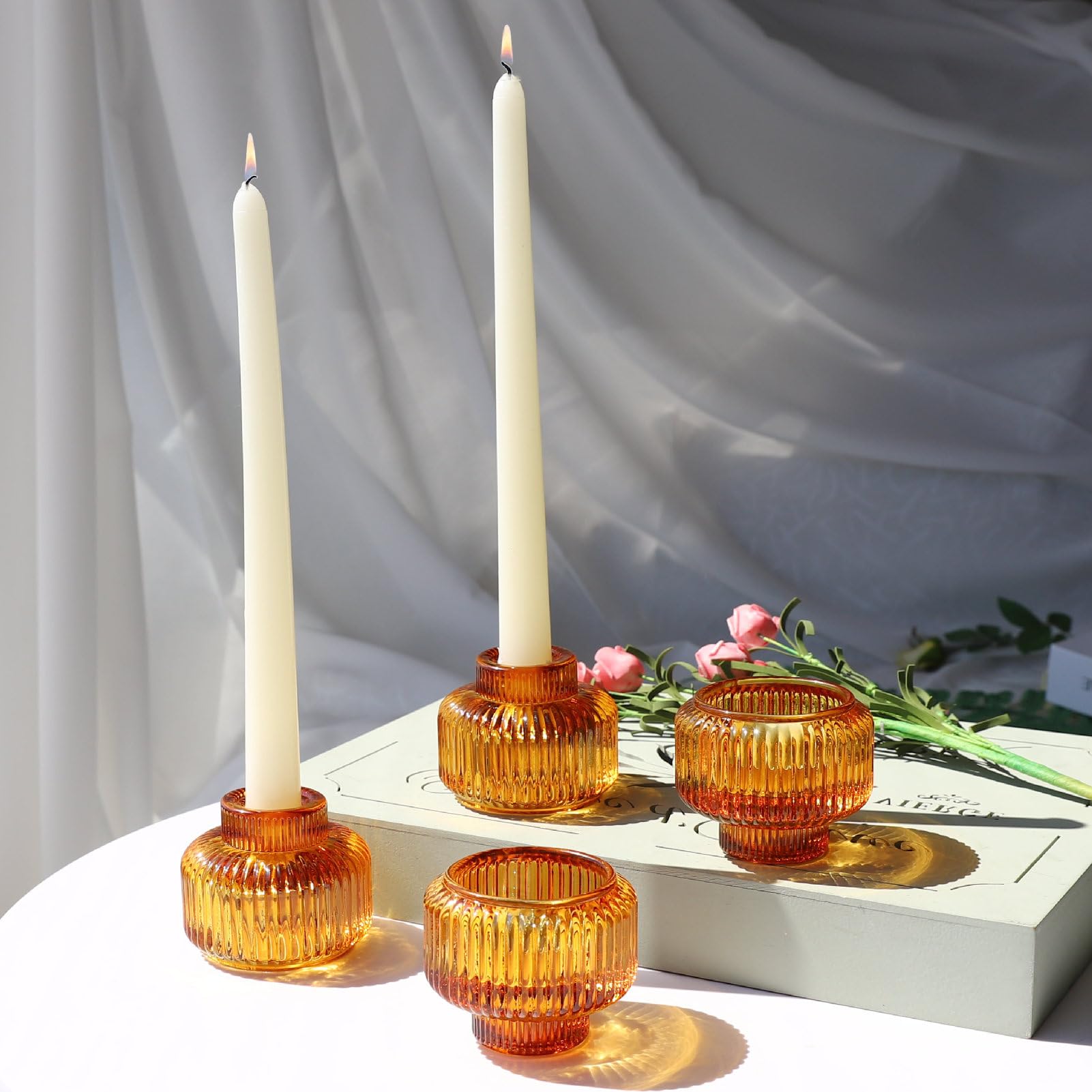 Candlestick Holders Set of 4, Amber Votive Candle Holders