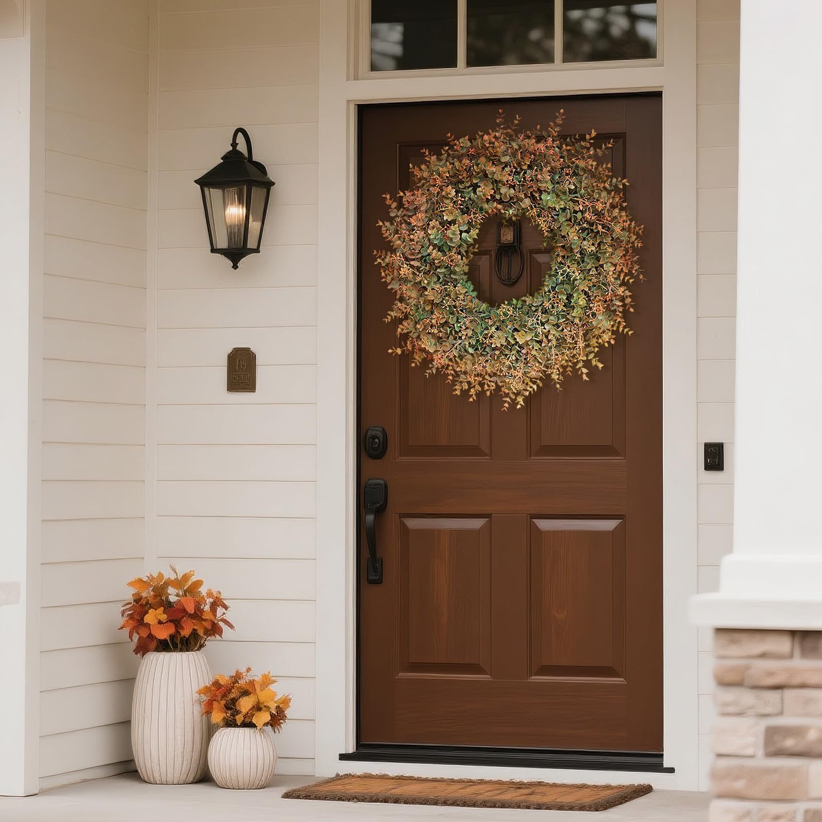 26" Large Artificial Eucalyptus Leaves with Orange Seeds Wreath Indoor/Outdoor