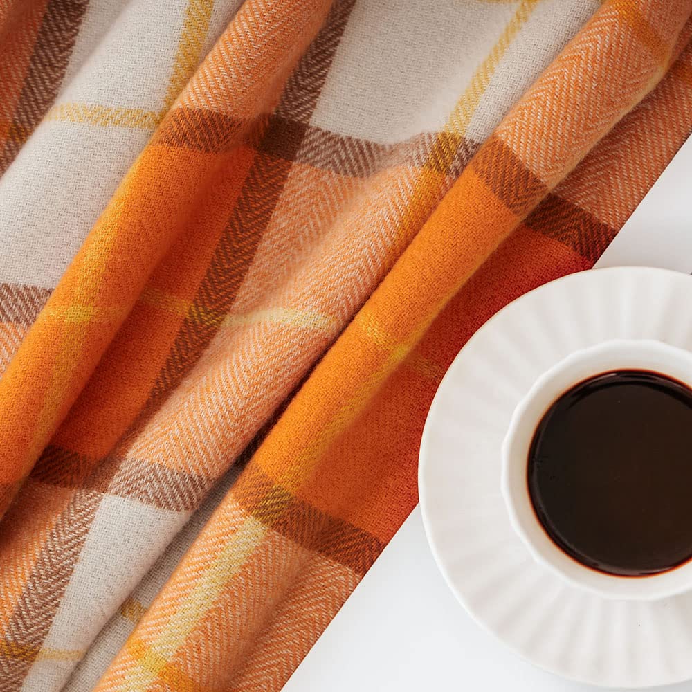 Decorative Faux Cashmere Throw Blanket - Classic Orange Plaid Fringe