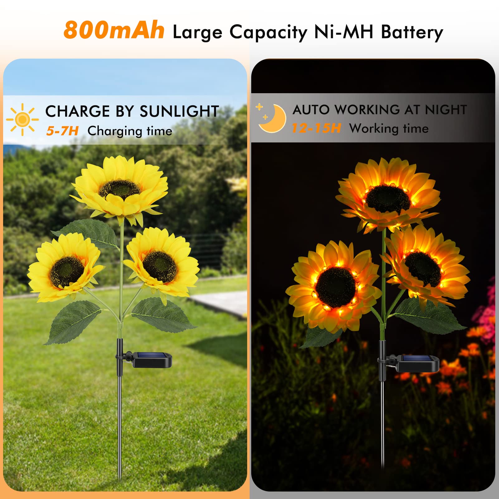 Solar-powered sunflower lights with charging and working time indicators on a black background.