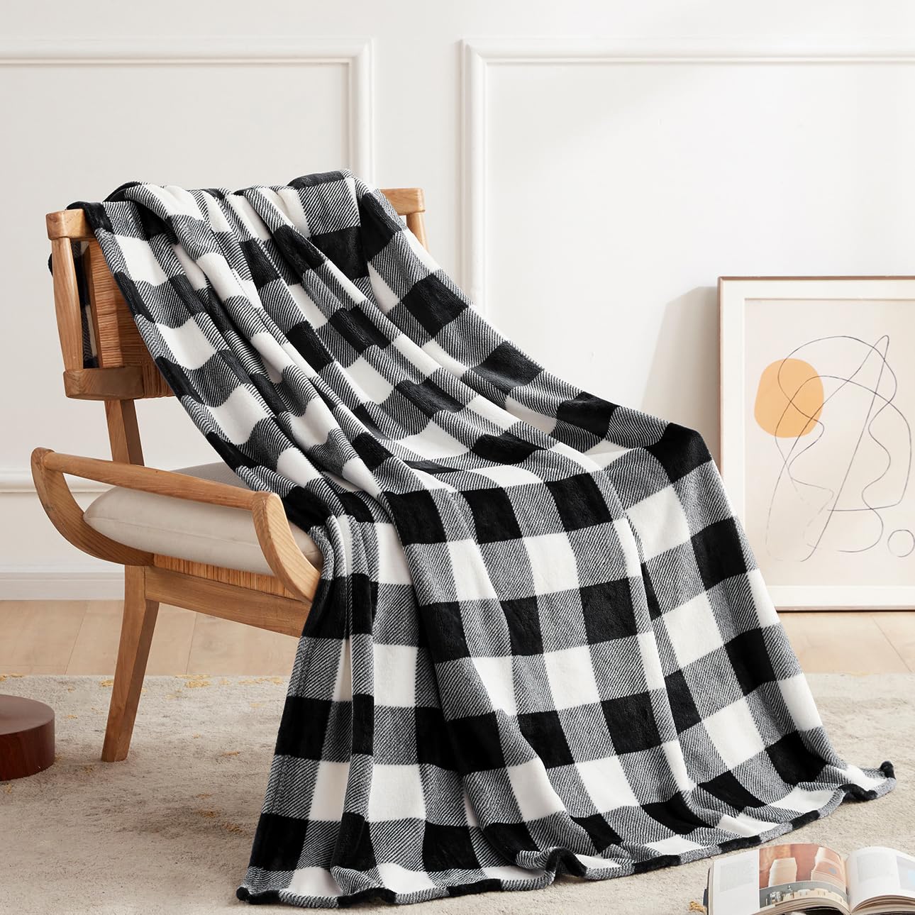 Black and white checkered blanket draped over a wooden chair,