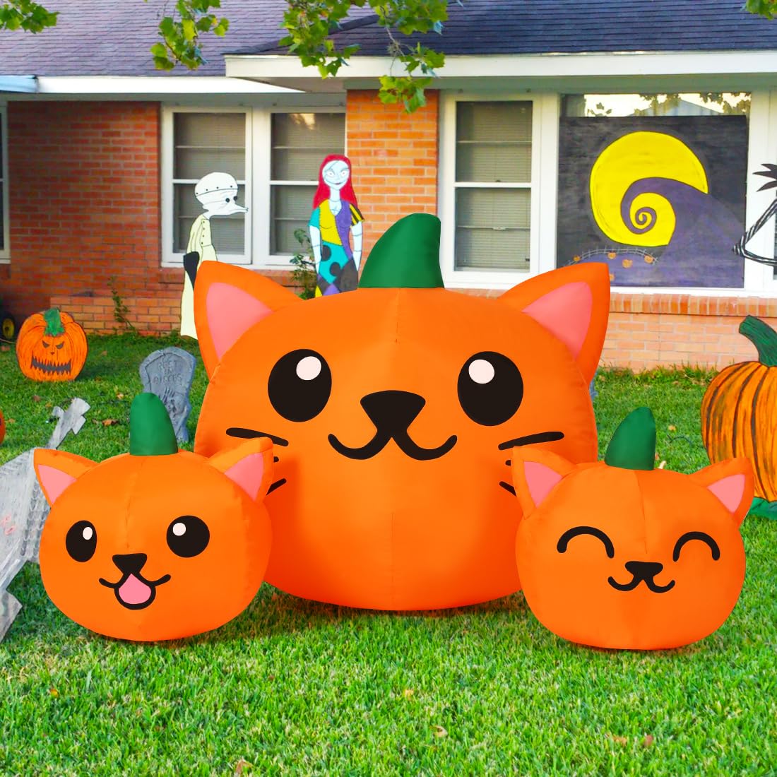 5FT Long Three Pumpkin Cat Head Combo with Built-in LEDs
