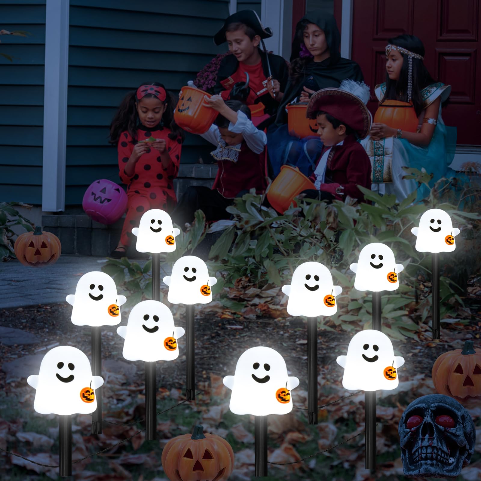 10 Pack Solar Halloween Ghost Pathway Lights, Ghost Stake Lights with Pumpkin Design