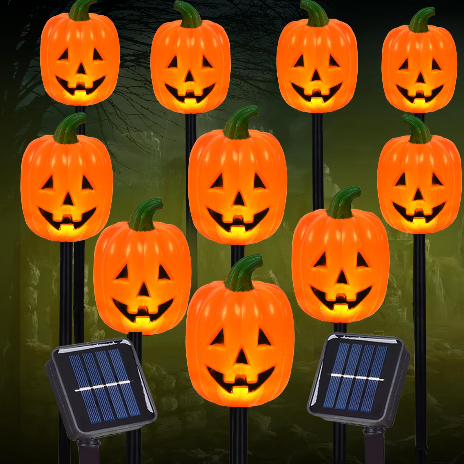 Set of 10 Halloween Pumpkin Stake Lights, Decorative Solar Pumpkin Lights