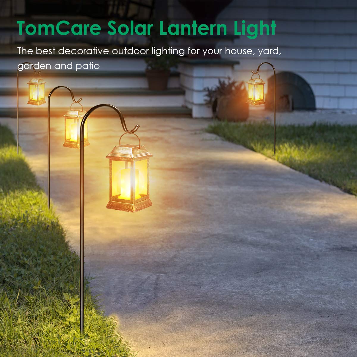 Solar lantern lights on a pathway in front of a house with text 'TomCare Solar Lantern Light'.