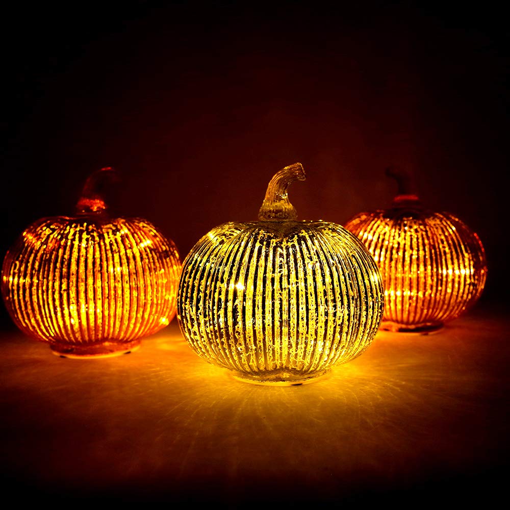 Mercury Glass Light up Pumpkin with Timer (Gold)